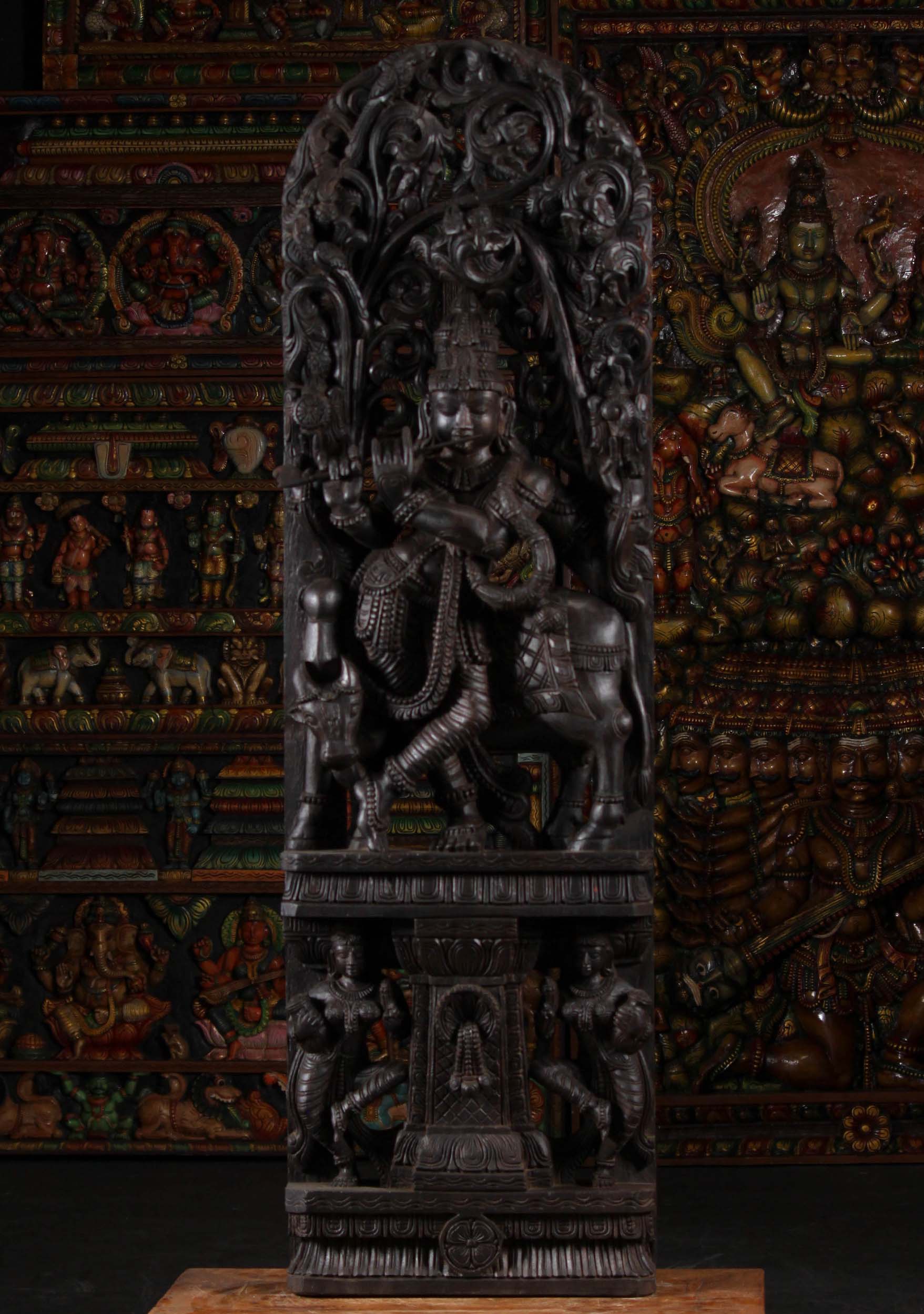 Tall Wooden Panel Krishna Statue Playing the Flute Under Lush Canopy with Cow 60"