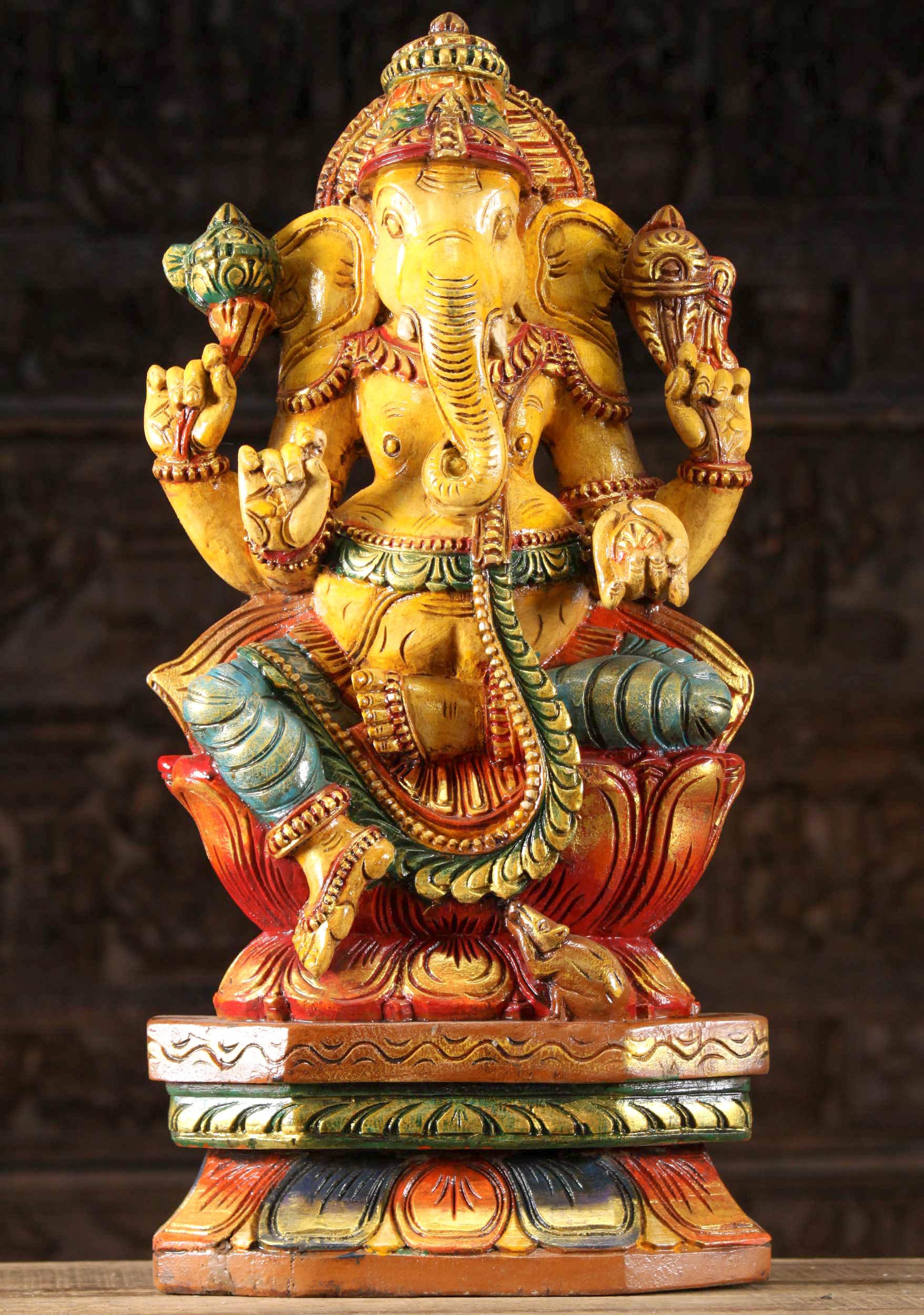 Wooden Seated Yellow Ganesha Statue 24"