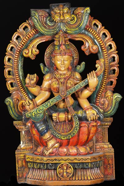 Colored Wood Saraswati Statue 36"