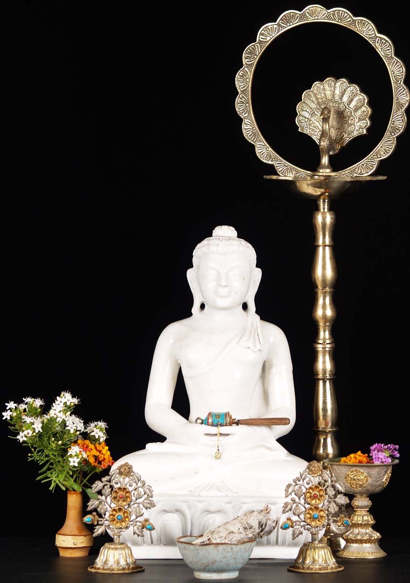 Meditating Buddha White Marble 16"