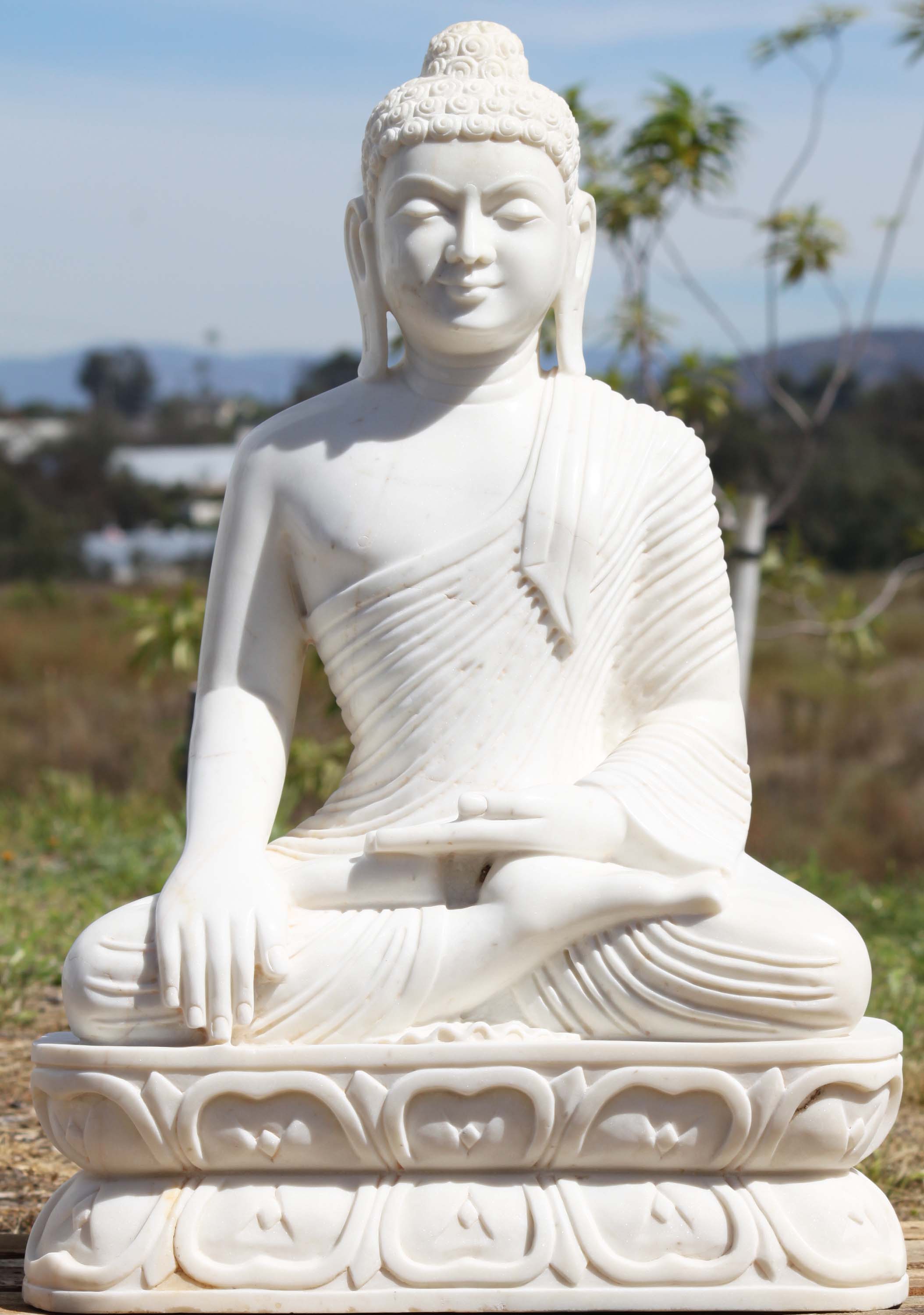 White Marble Buddha Earth Touching Statue 30"