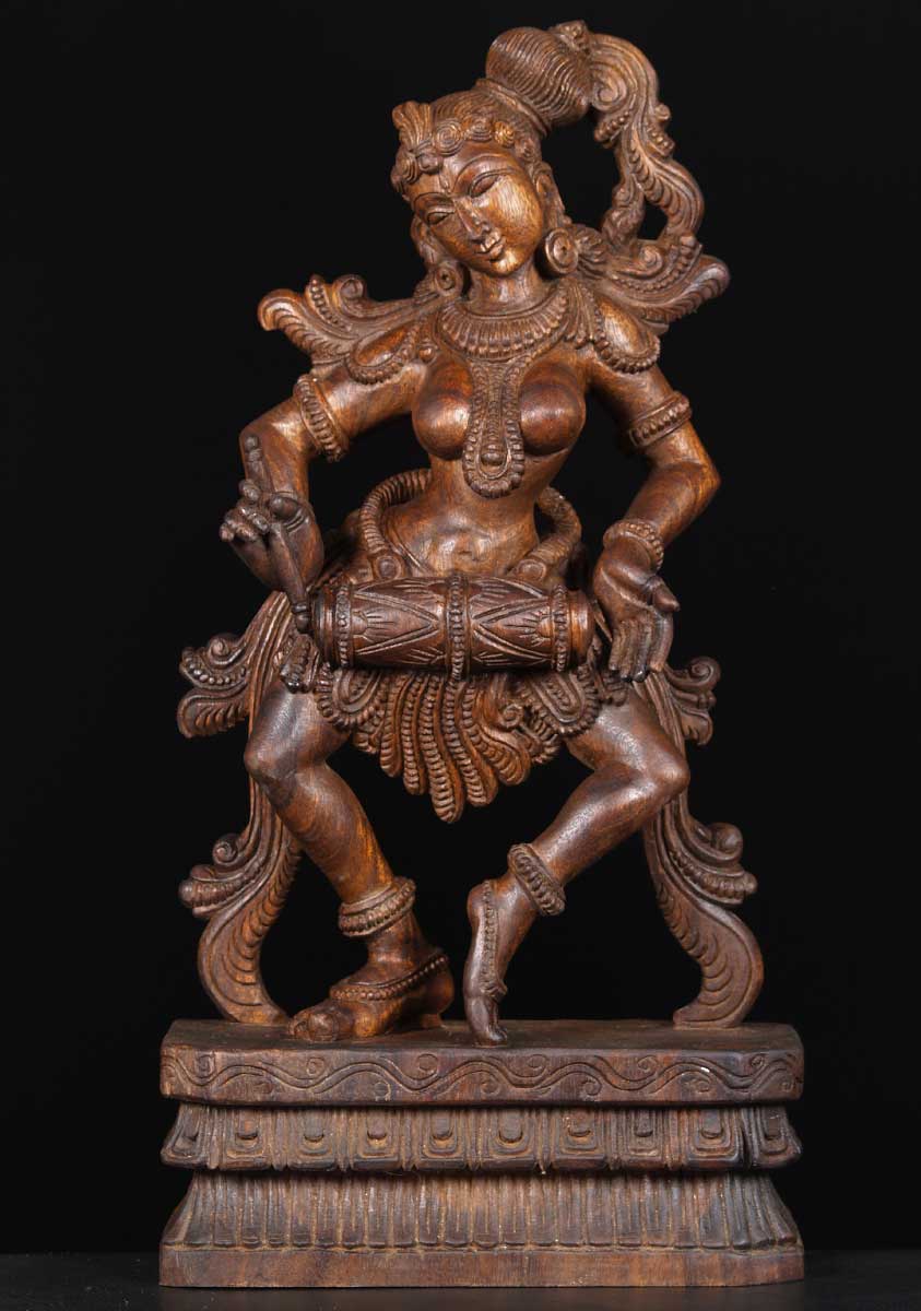 Wood Dancing Devi Playing Drum 25"