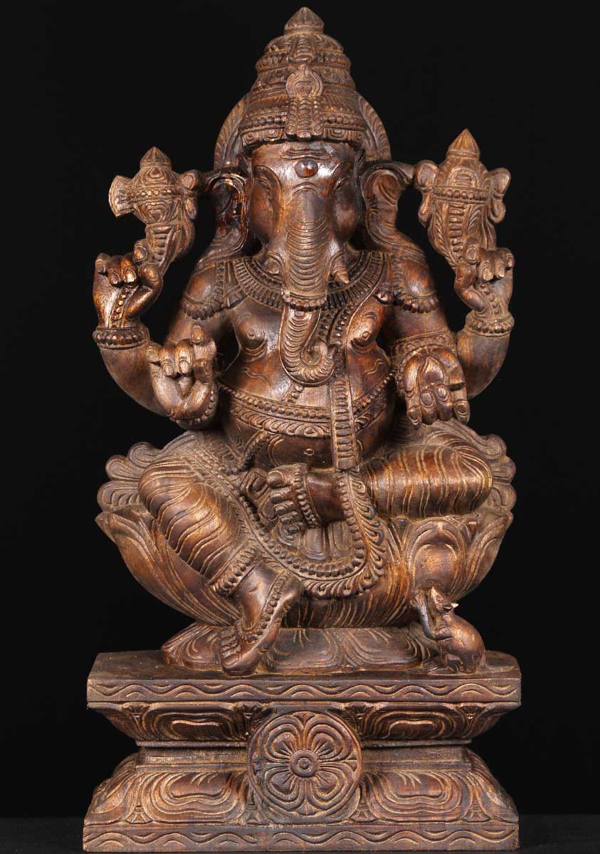 Wood Ganesh Statue with Mooshika 24"