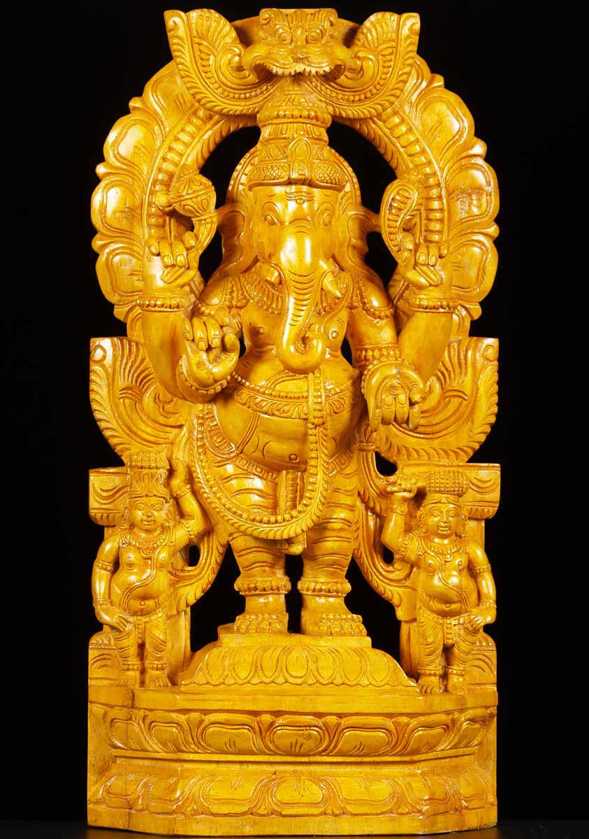 Wood Ganesh Statue with 2 Gana 24"