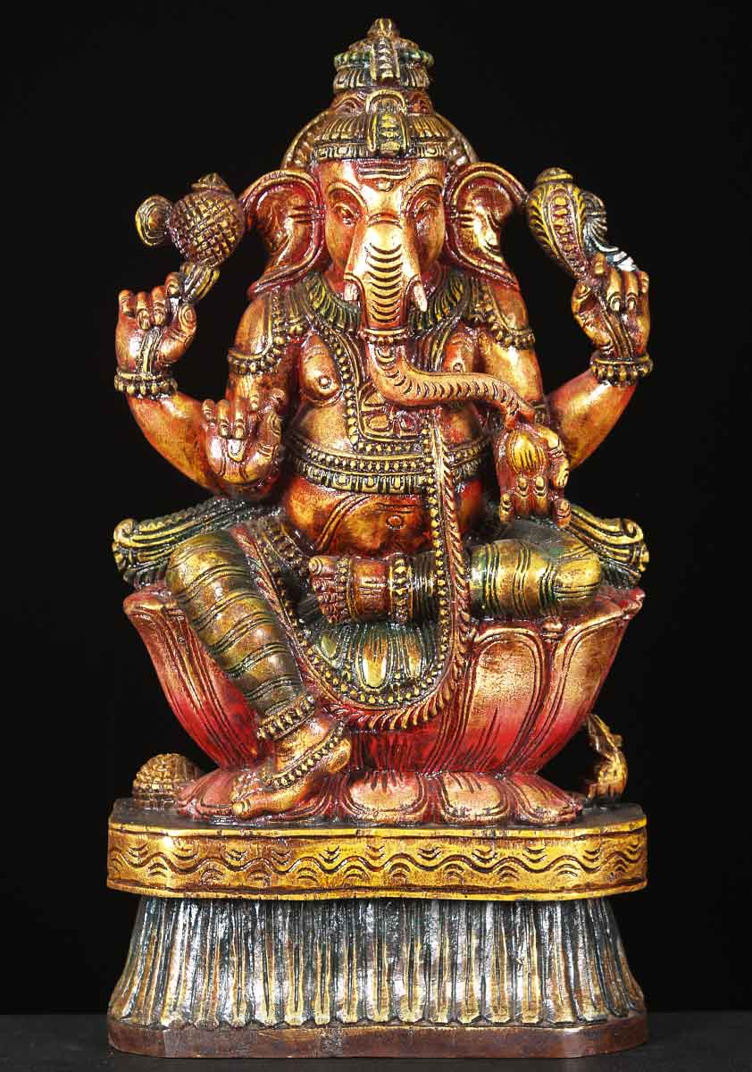 Wood Hindu God Ganesh Statue 18"