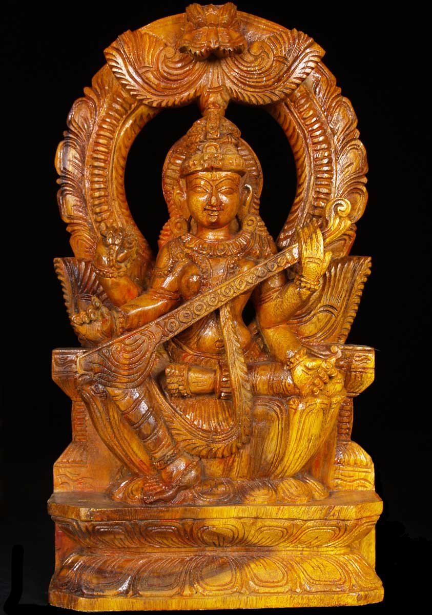 Sarasvati Wood Statue Playing the Veena 18"