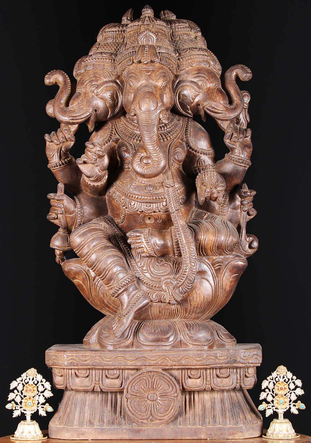 Wood Trimuhkthi, 3 Headed Ganesh Statue 30"