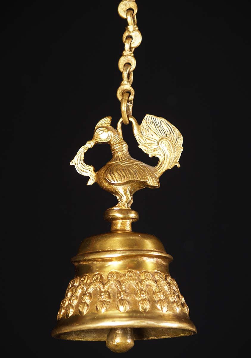 Brass Golden Peacock Temple Bell 8"