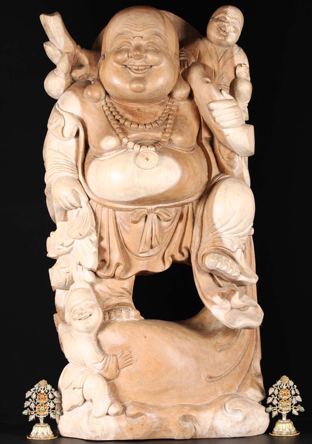 Wood Fat & Happy Buddha With Children Statue 36"