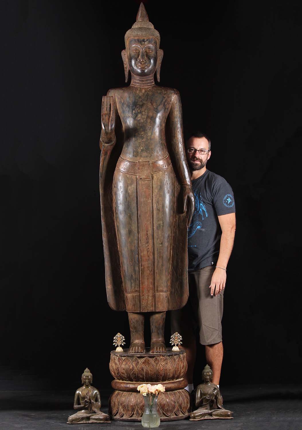 Unique & Rare 9 Foot Tall Teak Wood Standing Buddha Statue Hand Carved in Cambodia 108"