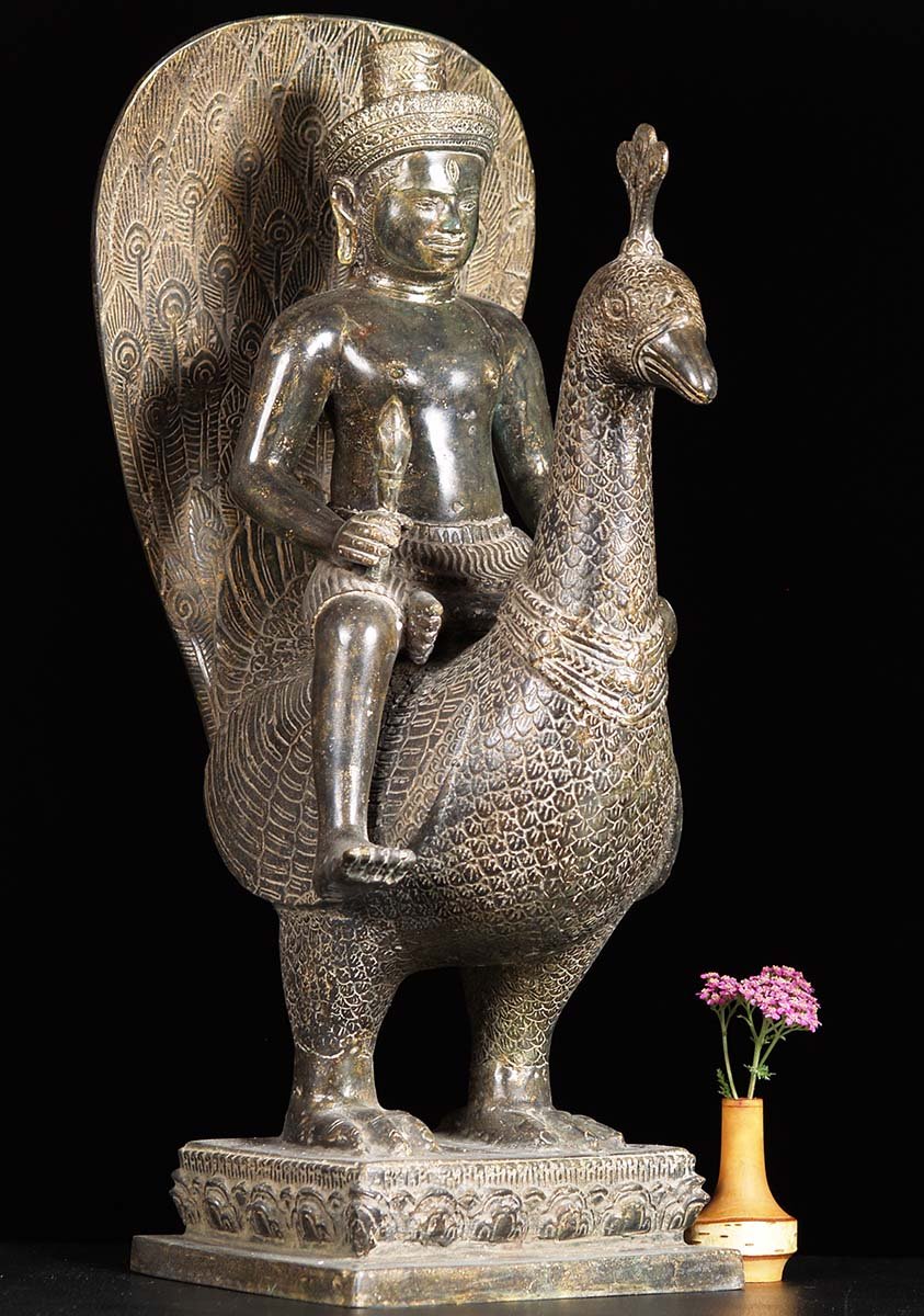 Brass Cambodian Murugan On Peacock 22"