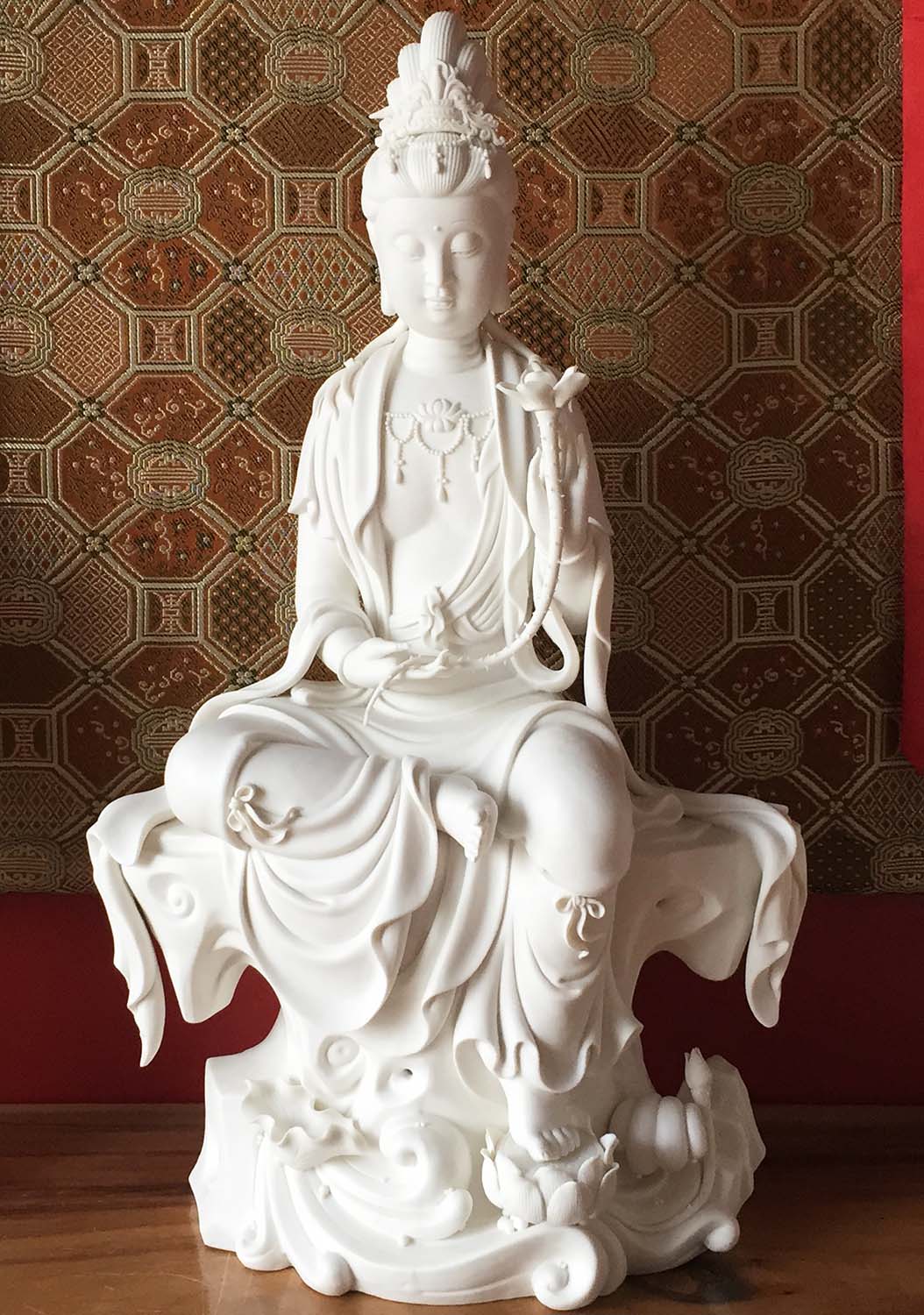 Porcelain Kwan Yin Statue Holding a Beautiful Lotus Flower Seated on Ocean of Waves 20"