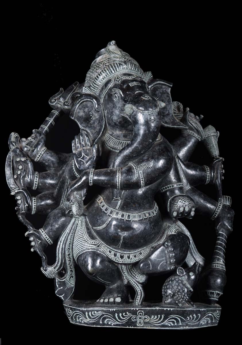 Black Marble Ganesh Statue with 10 Arms 17.5"