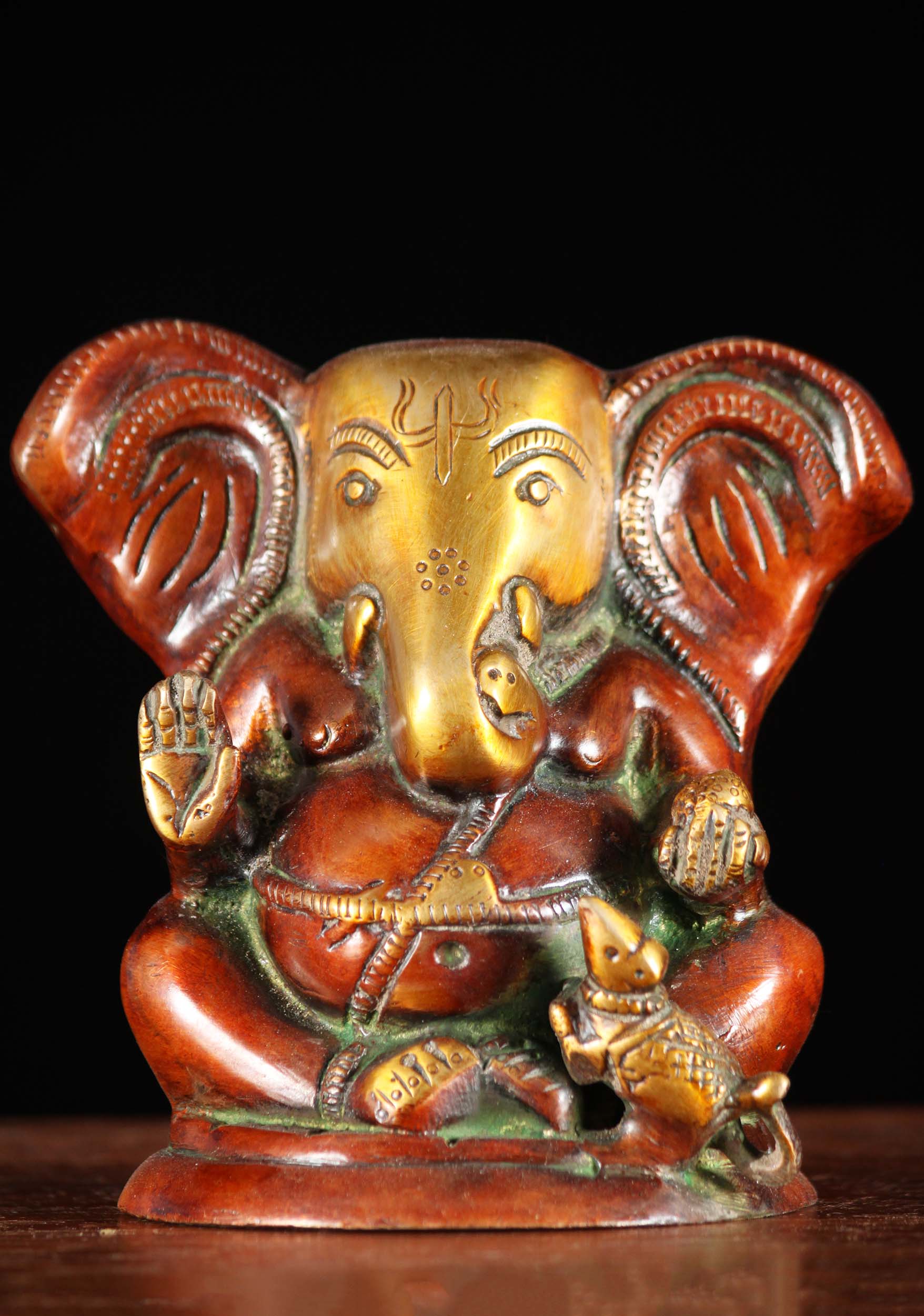 Brass Small Ganesha With Big Ears & Rat 5"