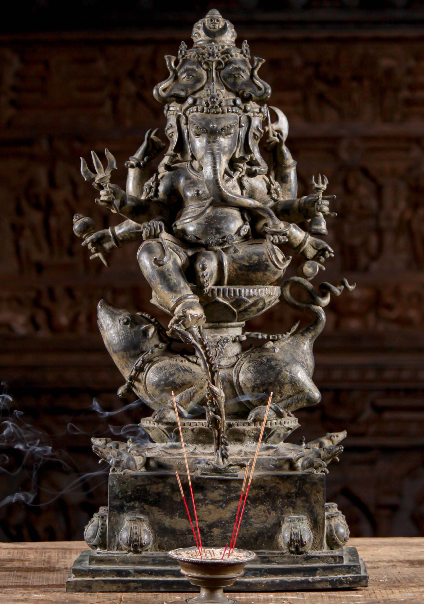 High Quality, Unqiue 7 Headed Brass Ganesha Statue  Seated on Lotus on Back of Large Rat 29"