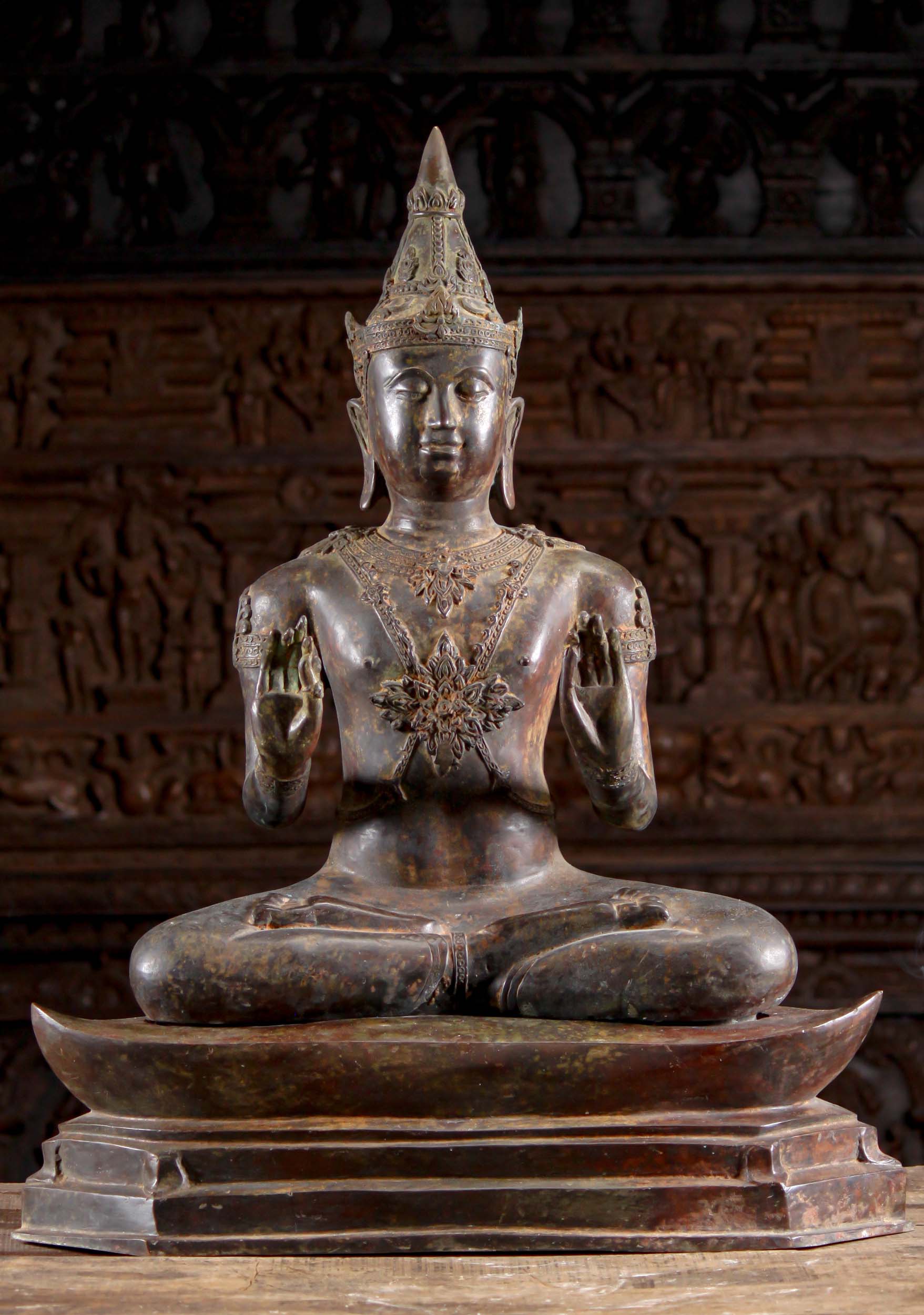 Thai Buddha Statue Seated on Unique Base with Both Hands in Vitarka Mudra of Teaching 34"