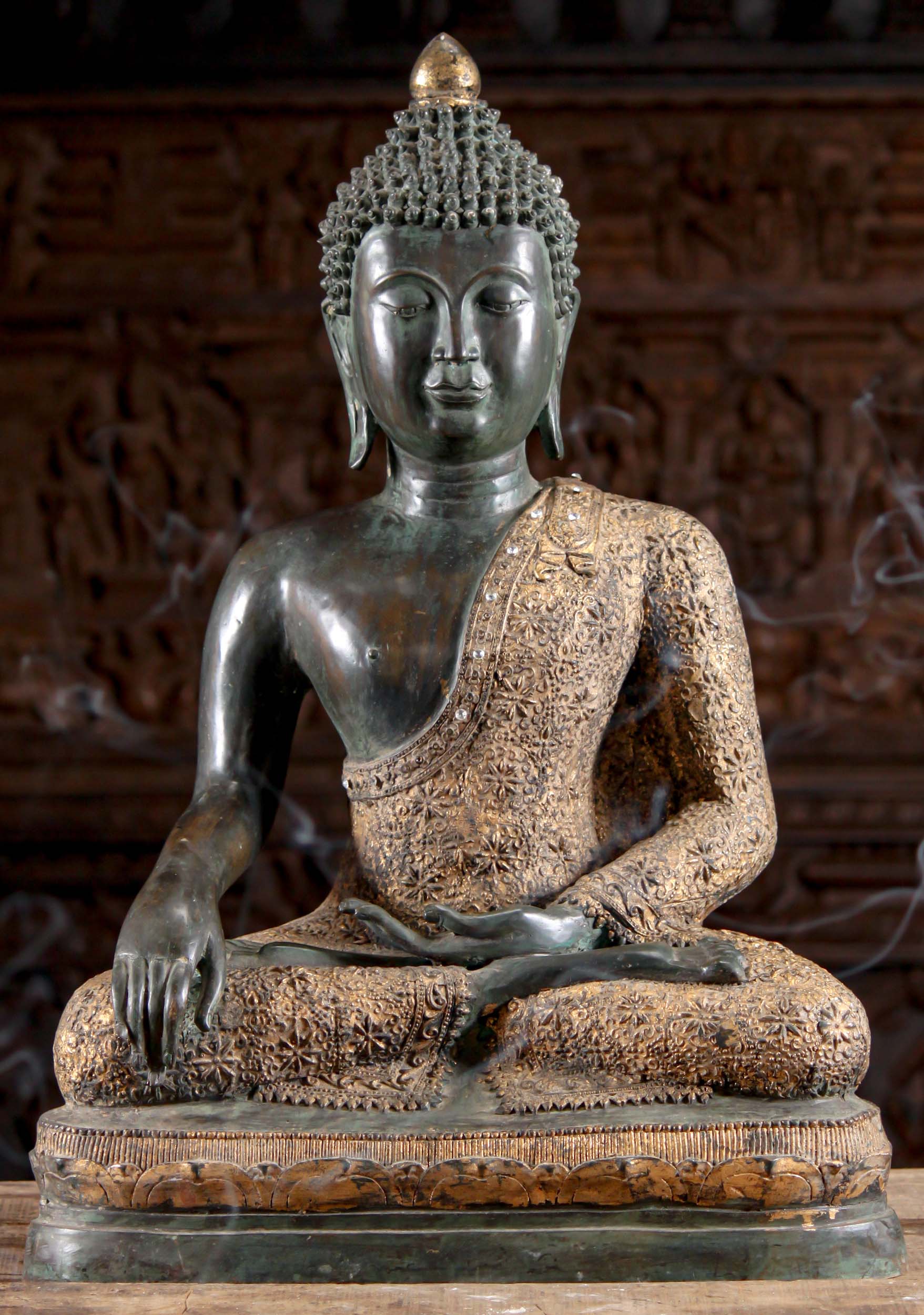 Brass Earth Touching Buddha with Brocade Robes 29"