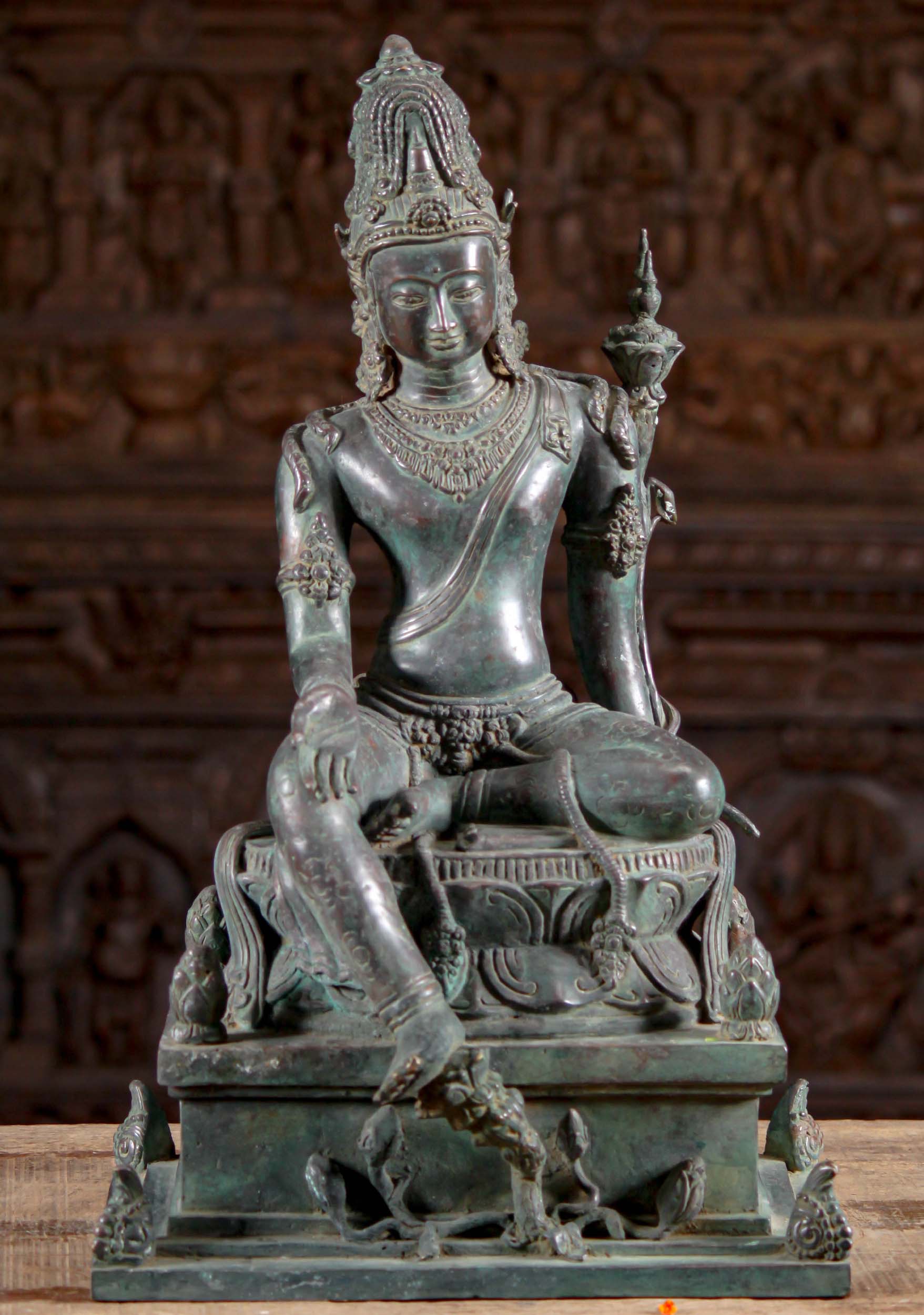 Indonesian Brass Seated Green Tara Statue on Lotus Base Holding Utpala Flower Cast in Java 24"