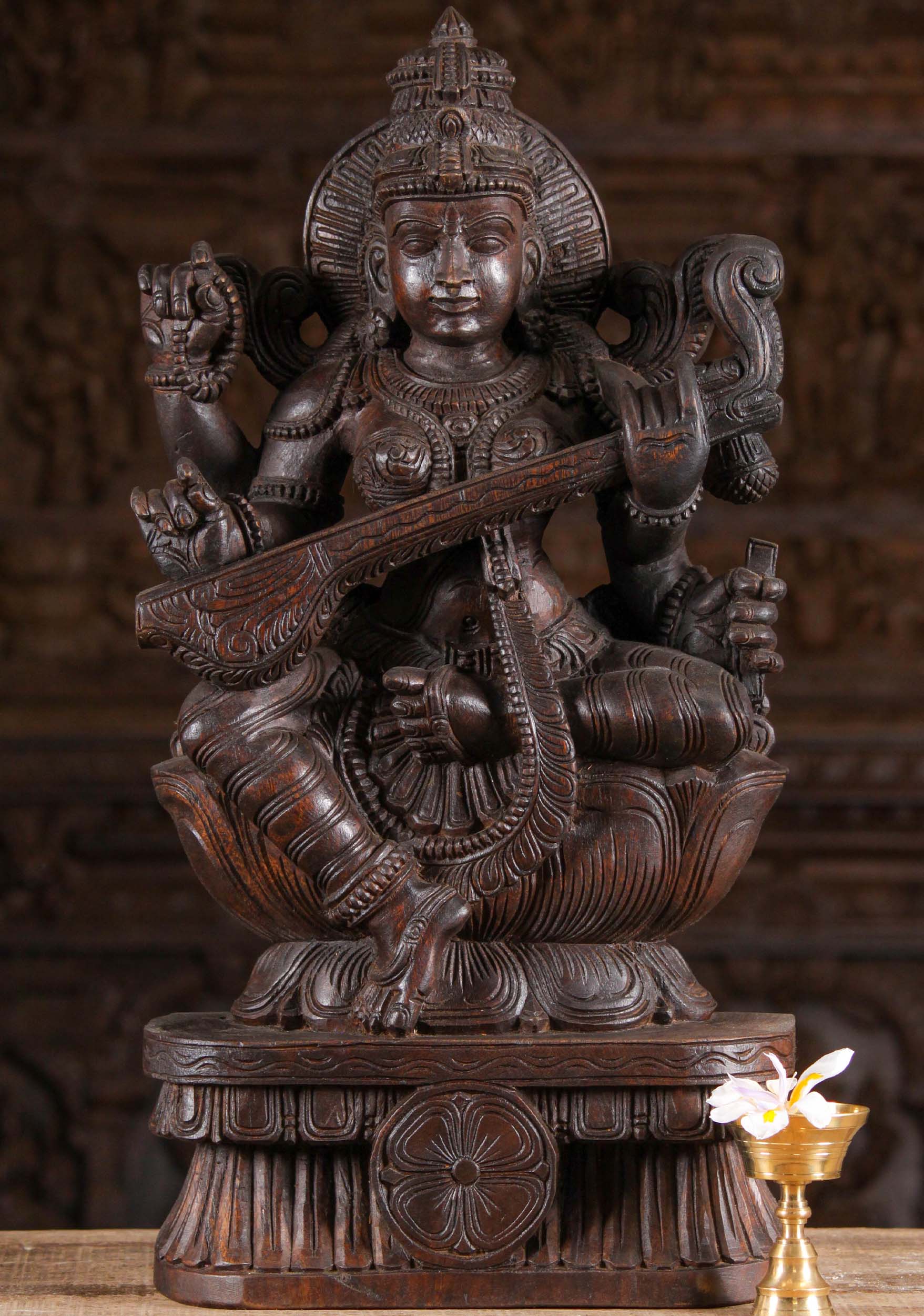 Dark Wood Saraswati Playing the Veena 24"