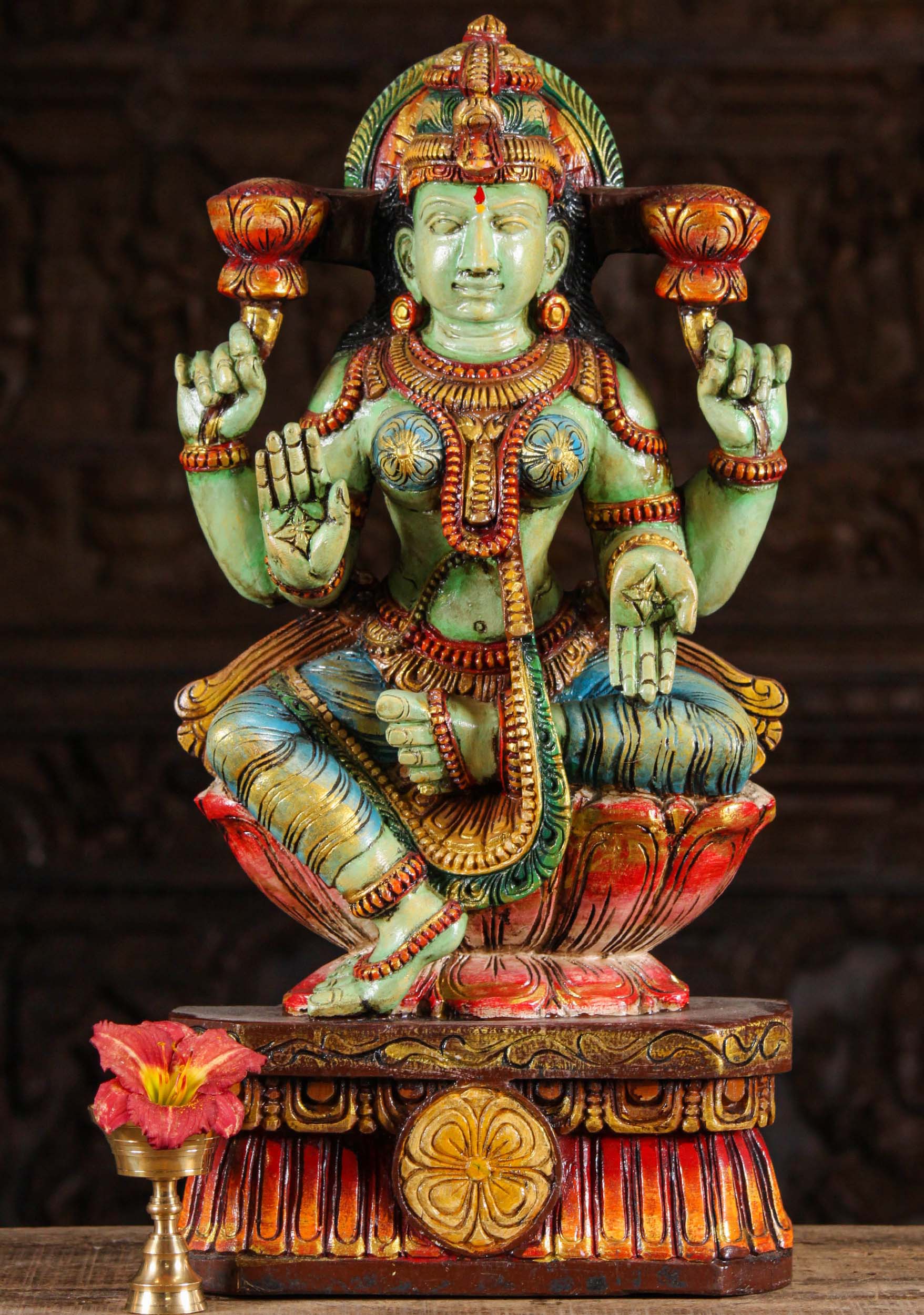 Green Painted Abhaya Mudra Lakshmi Sculpture 24"