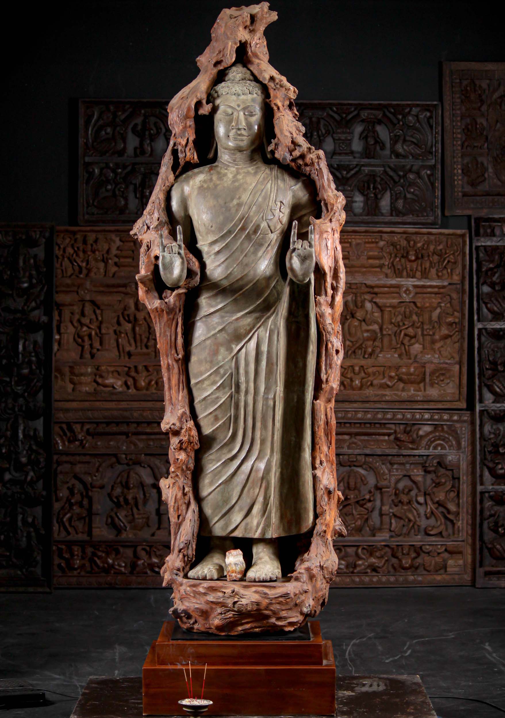 Large Brass Standing Buddha in Wood Frame 89"