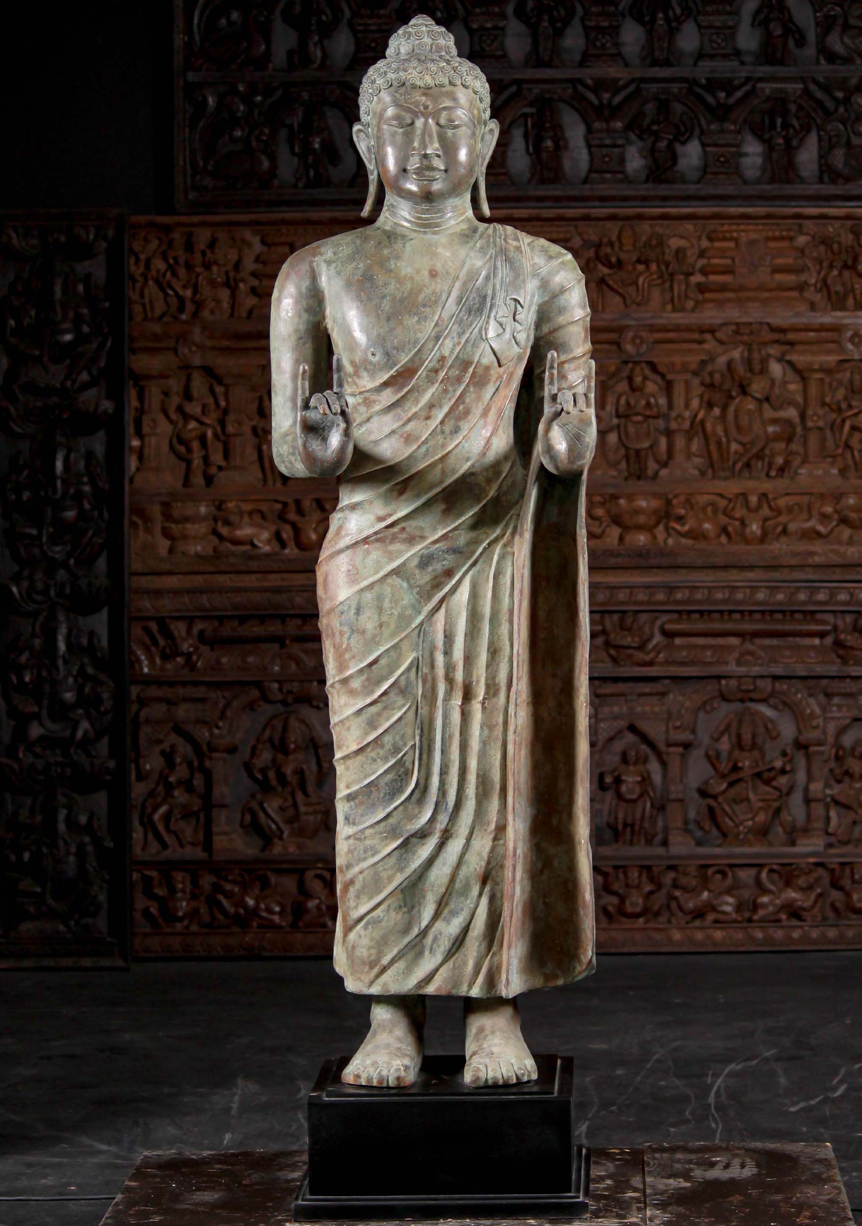 Large Brass Standing Buddha Statue on Wood Base 73"