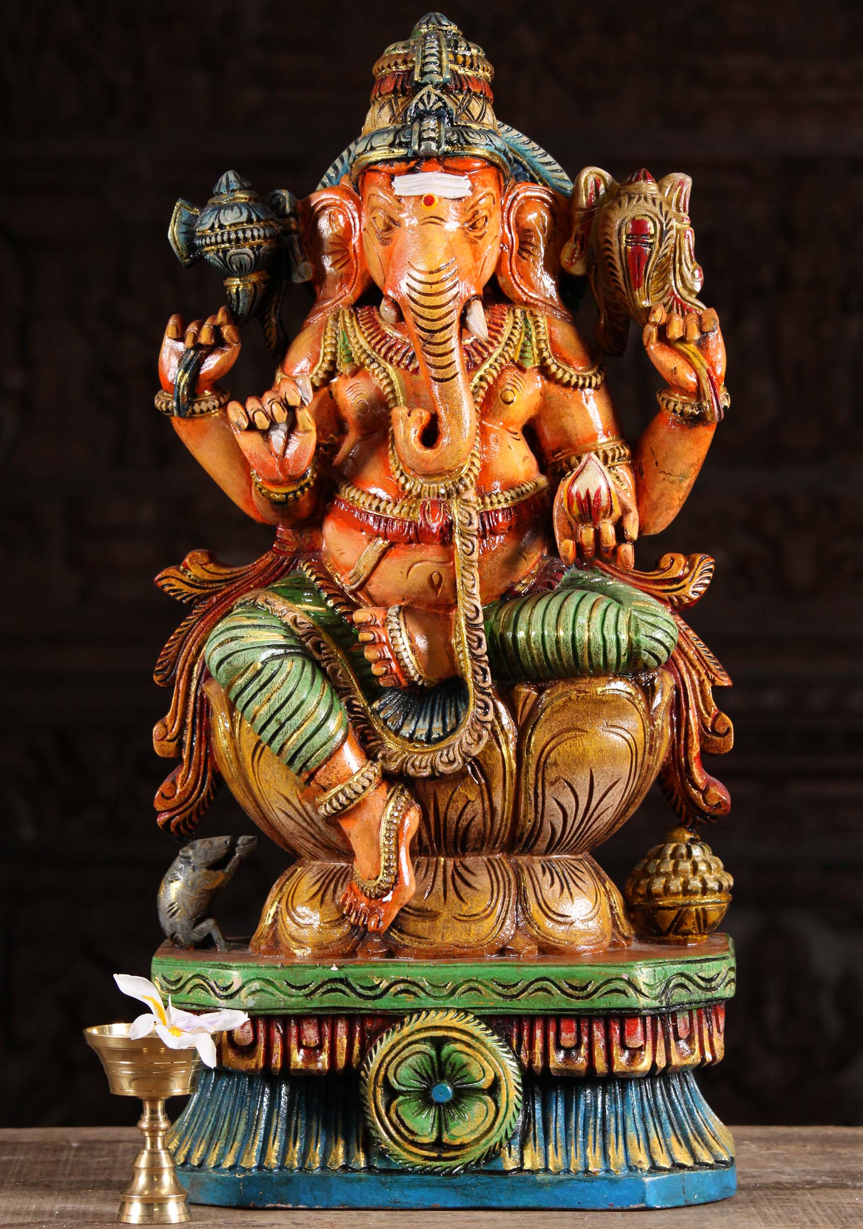 Orange Painted Wood Ganesh Statue with Rat 24"