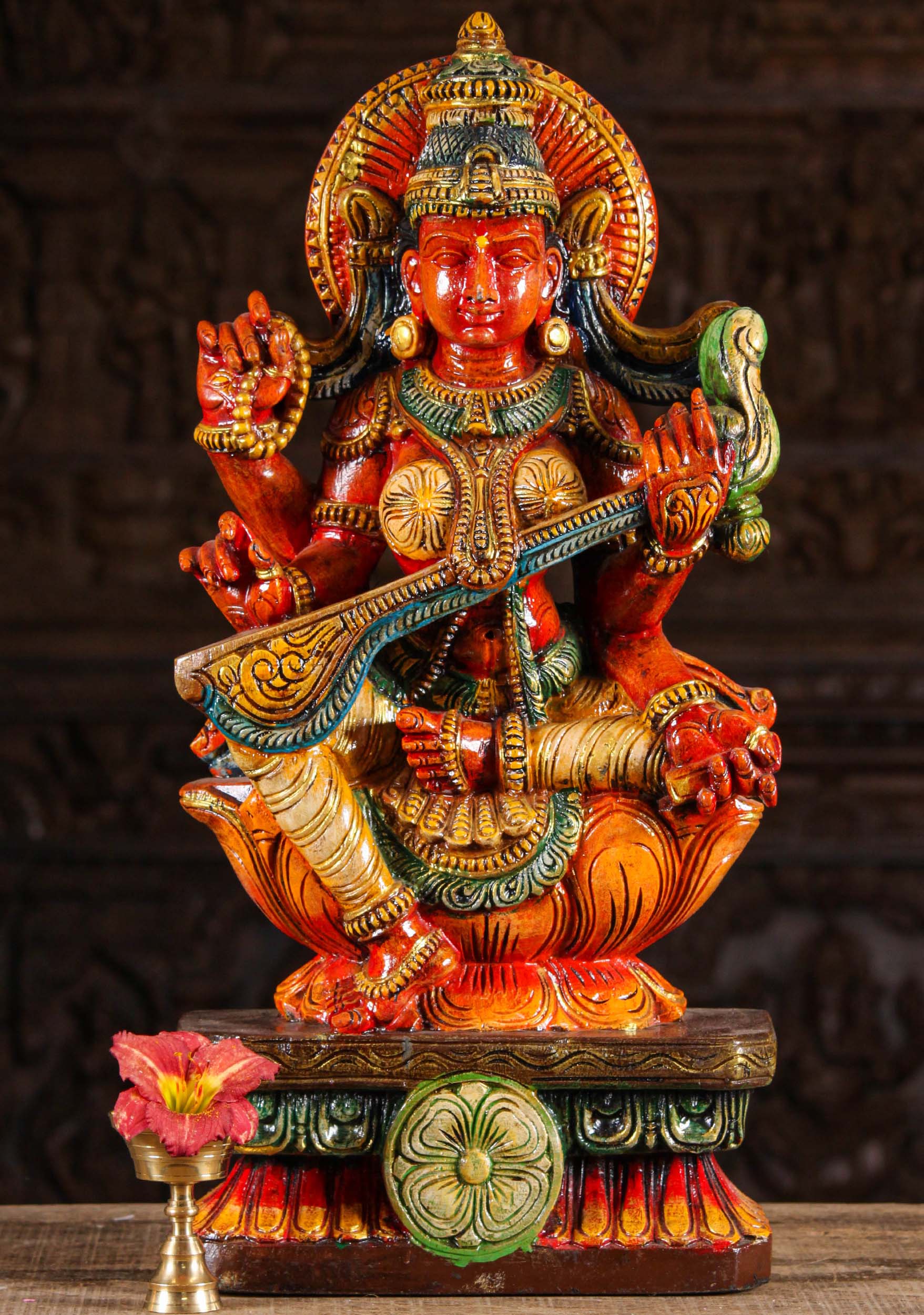 The Beautiful Hindu Goddess of Wisdom, Saraswati Playing the Veena Sculpture 24"