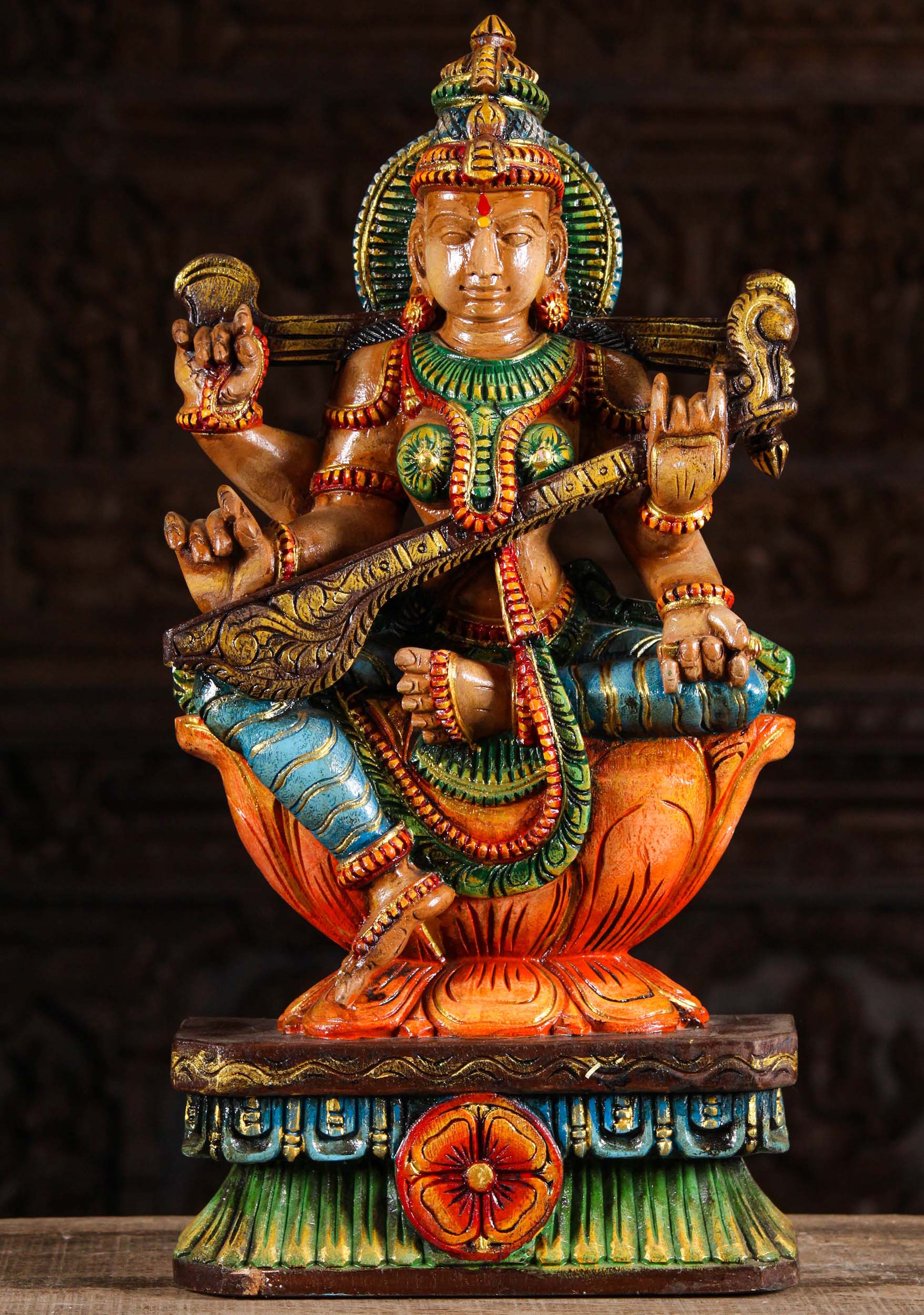 Wood Colorful Saraswati Playing the Veena 24"