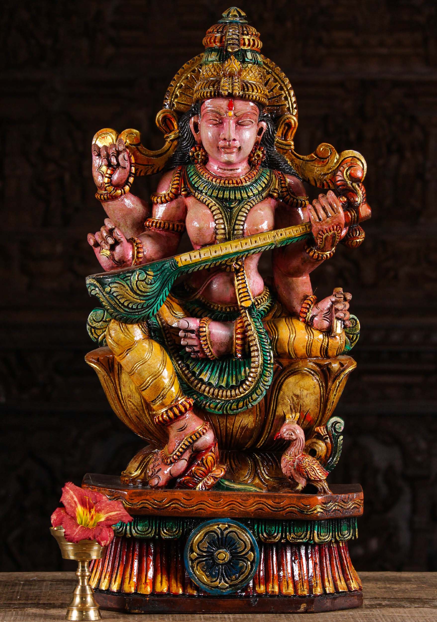 The Hindu Goddess of Wisdom, Saraswati Playing Veena Sculpture with Peacock 24"