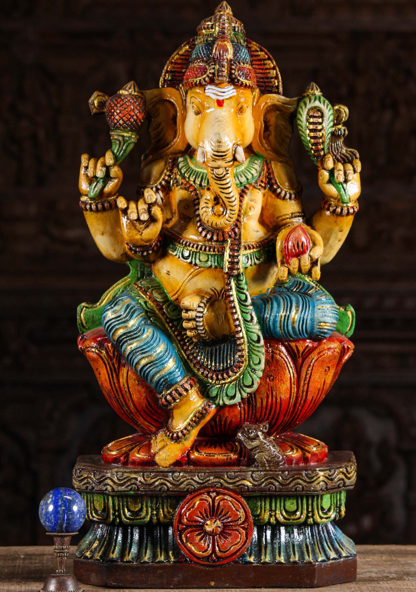 Painted Wood Ganesh Statue with Modak 24"