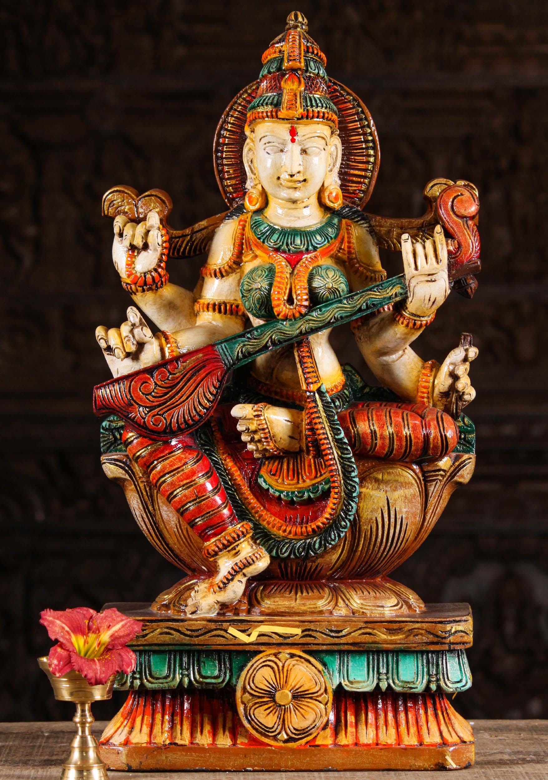 Painted Saraswati Statue Playing the Veena 24"