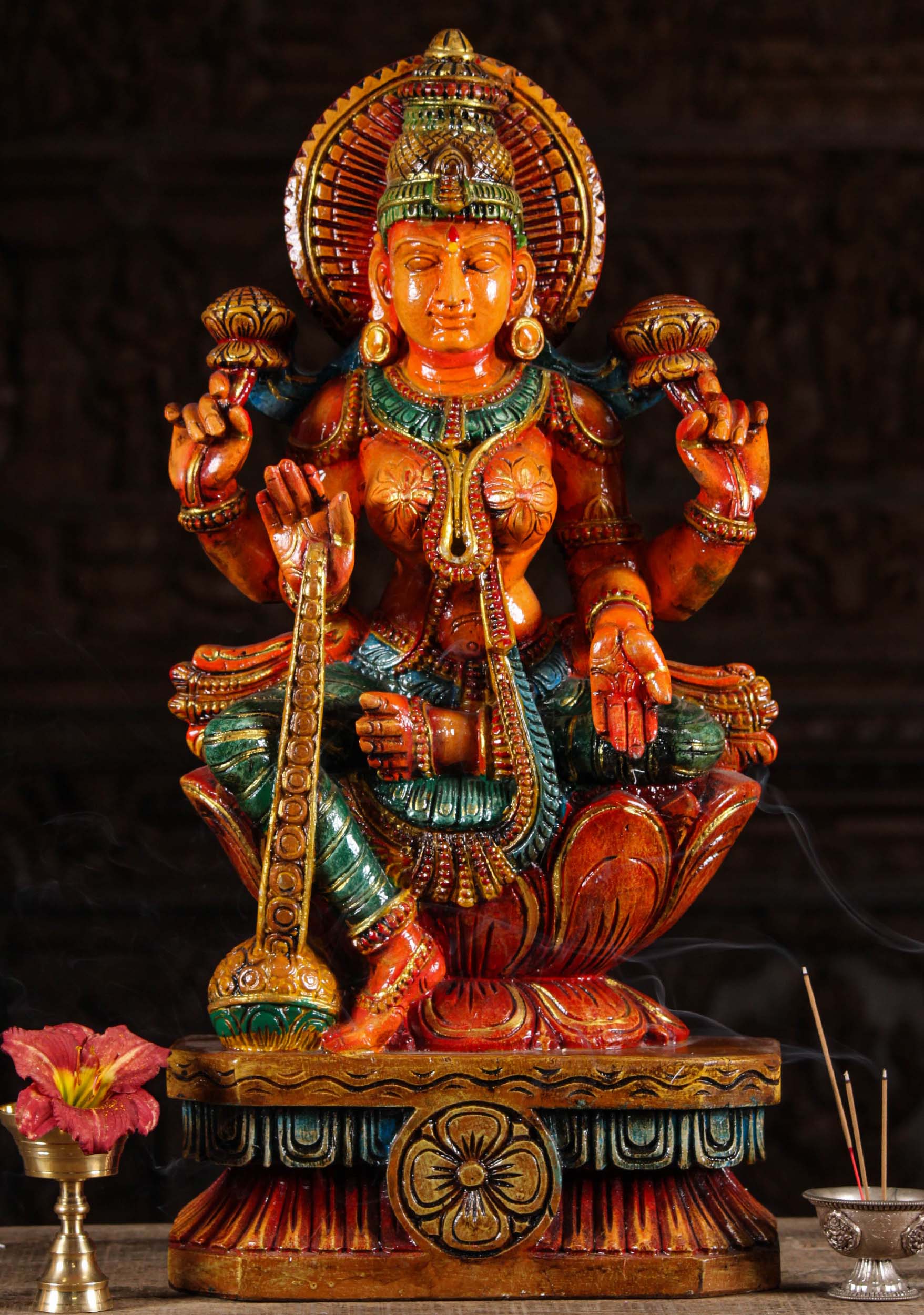 Painted Wooden Seated Lakshmi Sculpture 24"