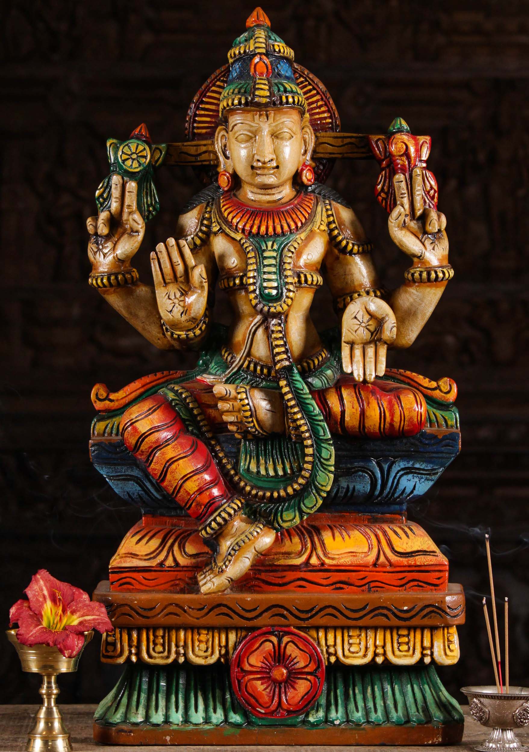 Painted Wood Seated Vishnu Sculpture 24"