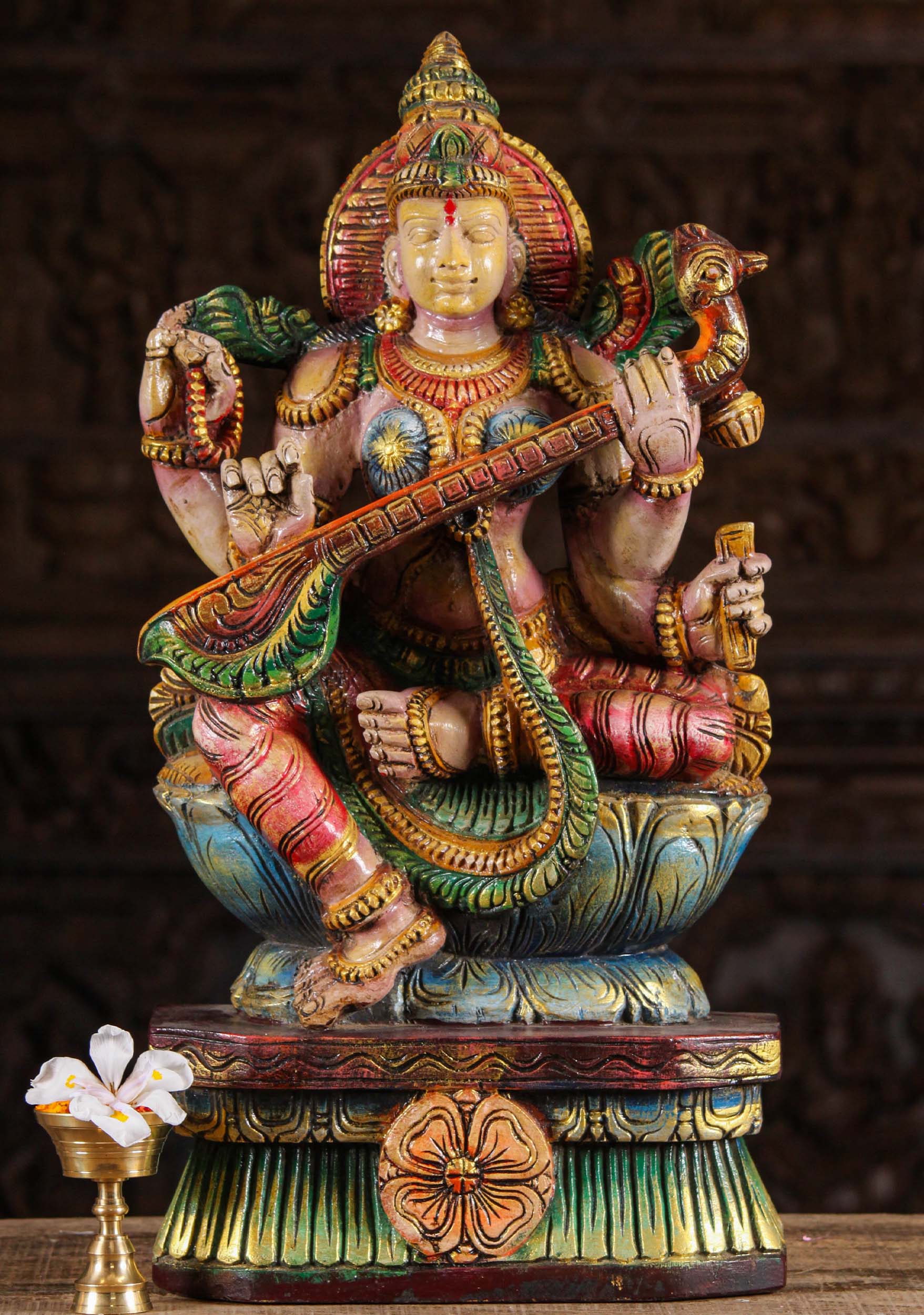 Wood Saraswati with Peacock Headed Veena 24"