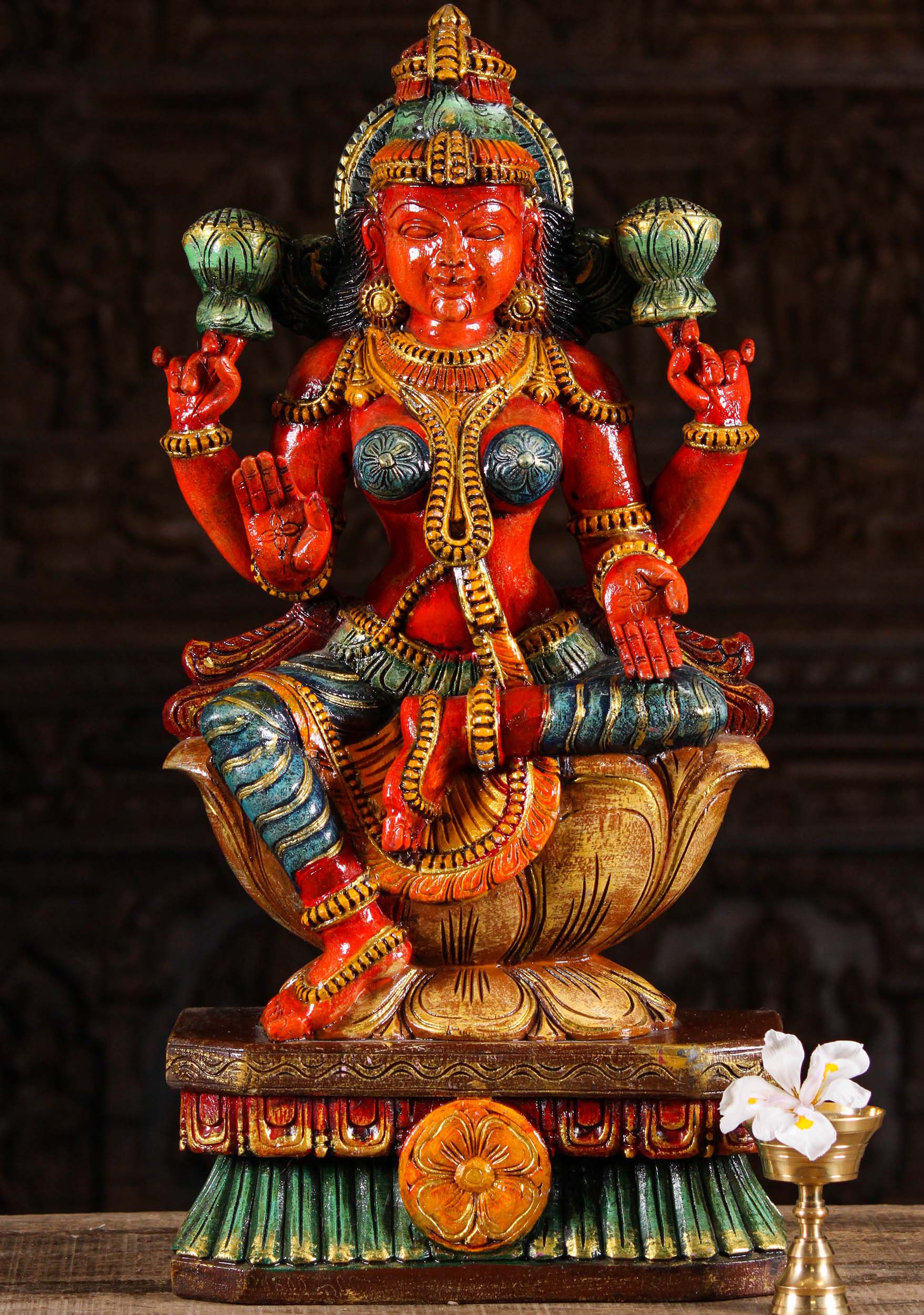 Wood Seated Abhaya Mudra Lakshmi Sculpture 24"