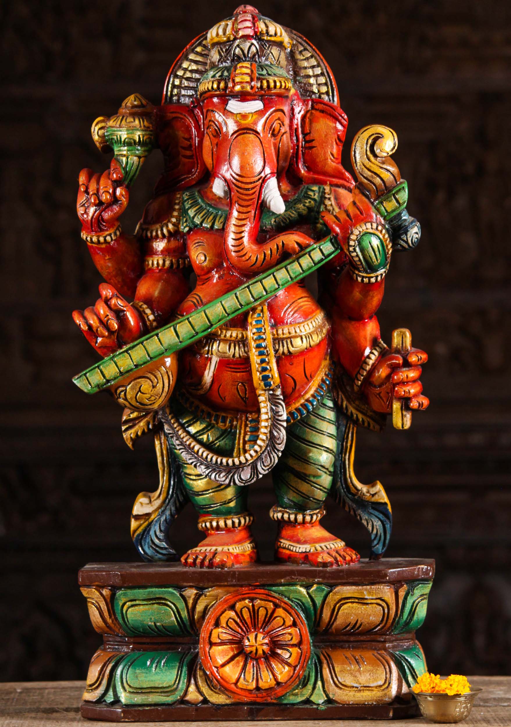 Wood Ganesh Playing the Veena Statue 24"