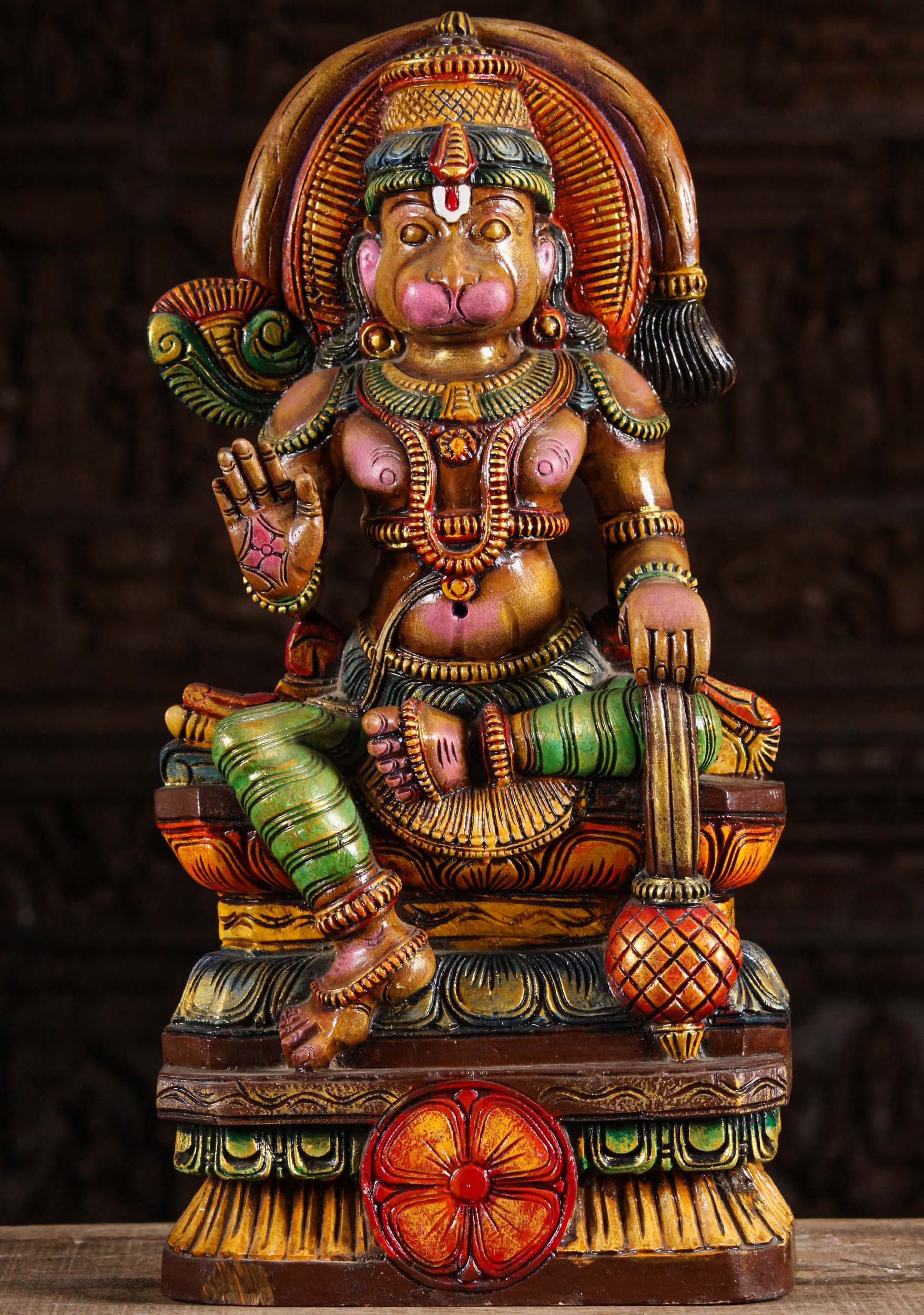 Seated Wood Abhaya Mudra Hanuman Statue 24"