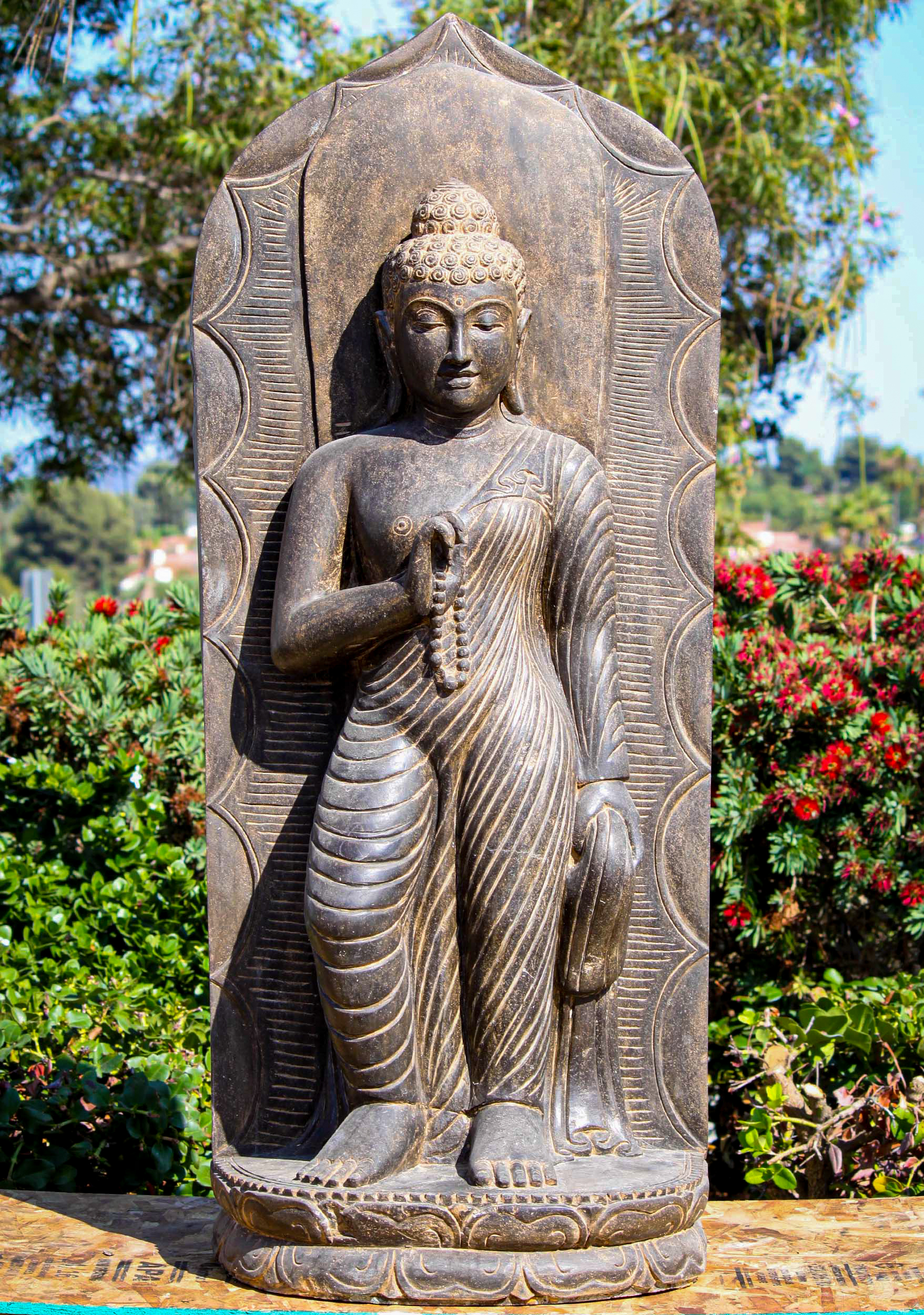 Stone Standing Gupta Buddha Holding Malas & Robe with Large Chakra Surrounding His Body 51"