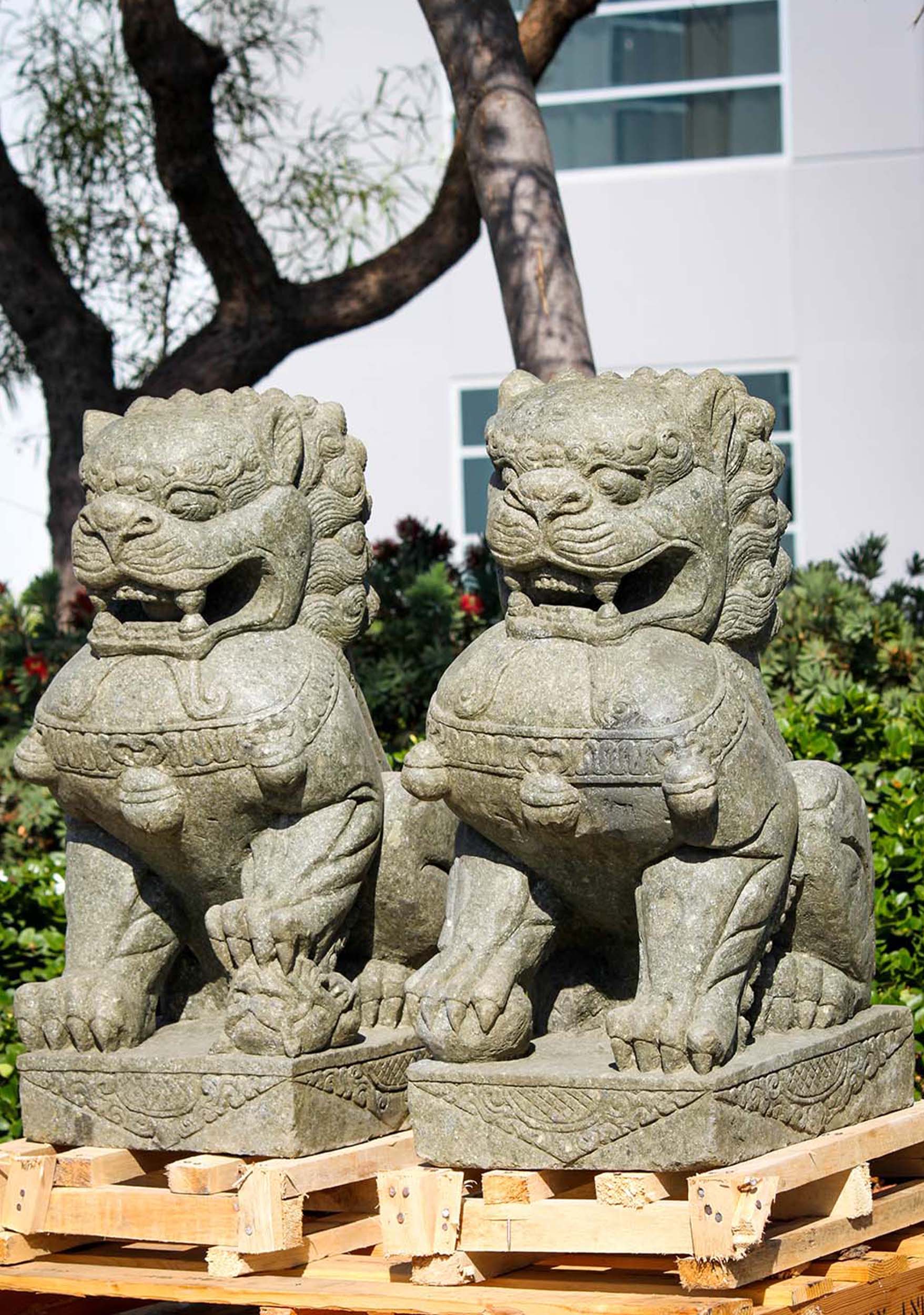 Pair of Stone Guardian Shishi Lions or Foo Dogs Sculptures Perfect for the Garden 31"