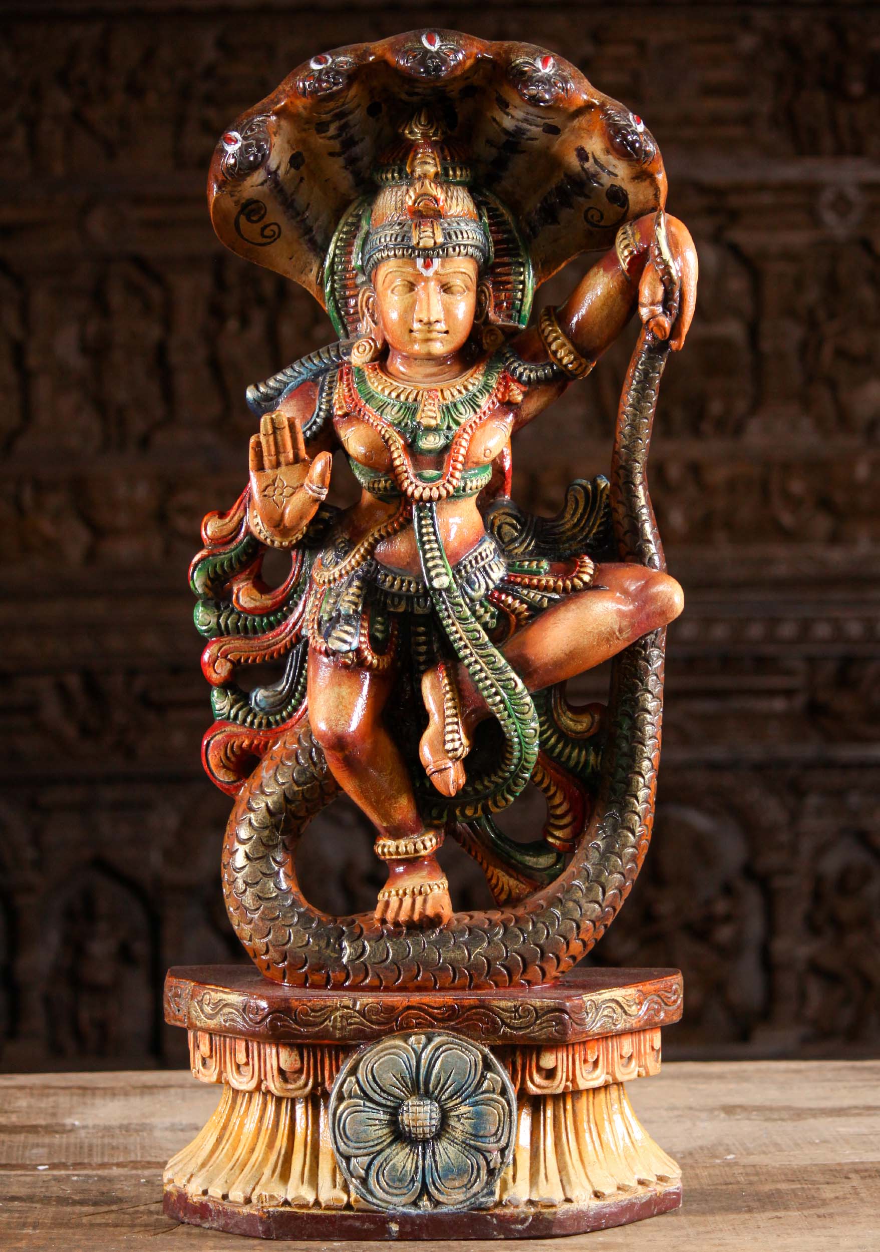 Wood Krishna Dancing on Serpent Kaliya 30" (99w11d