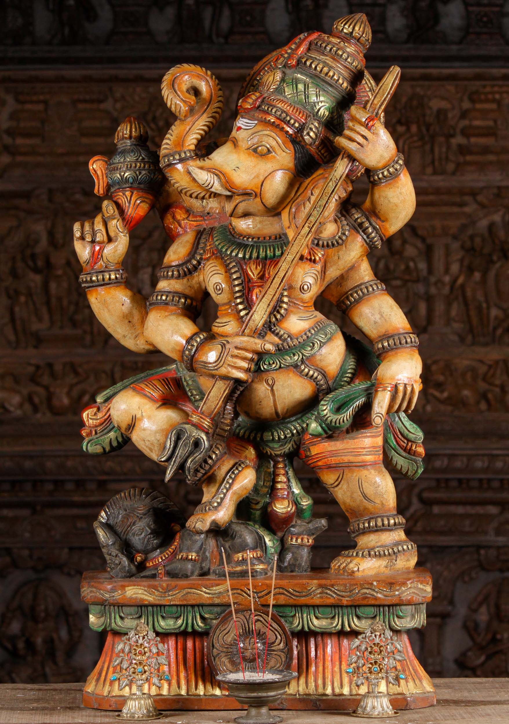 Wooden Ganesh Remover of Obstacles Standing with Trident Pointed at Dwarf Apasmara 36"