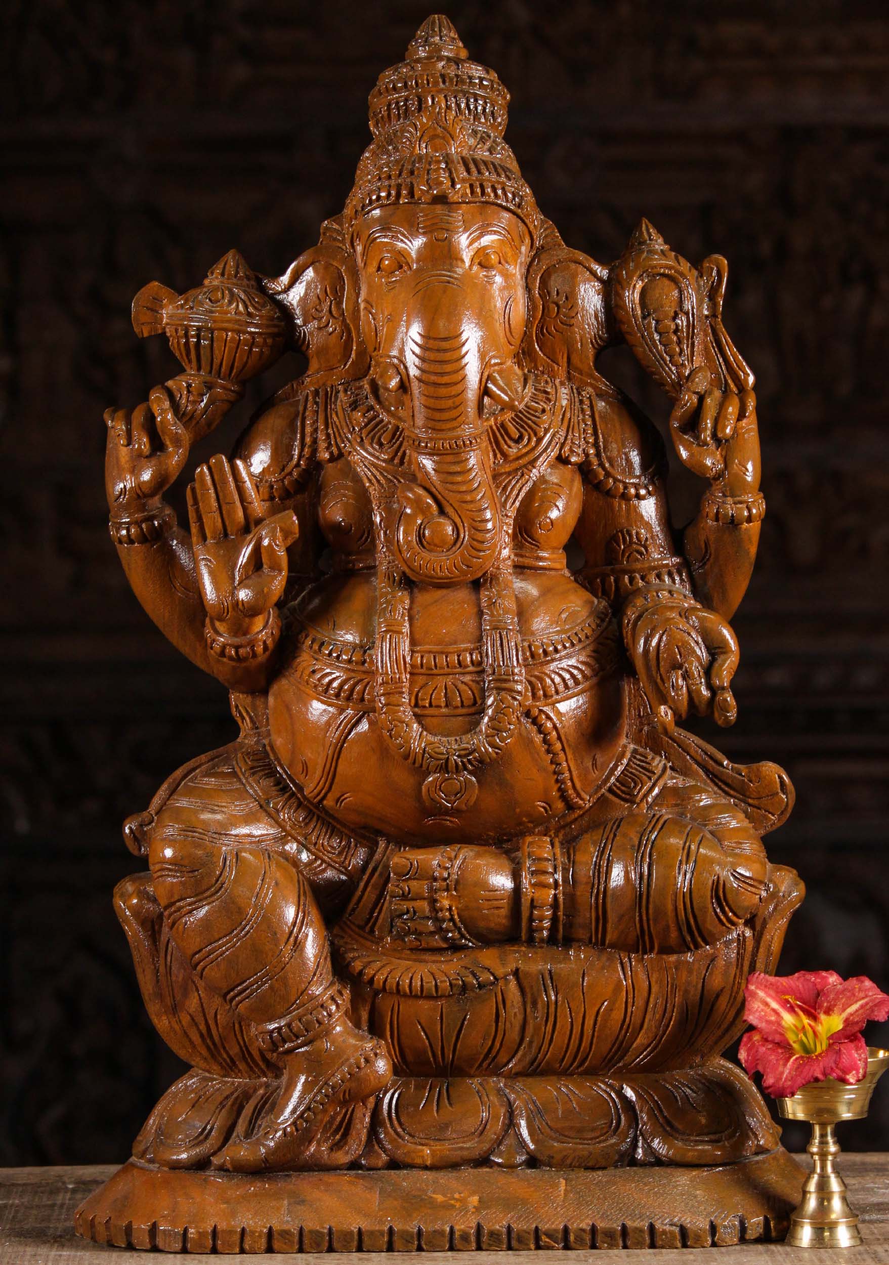 Wood Ganesh Statue with Broken Tusk 24"