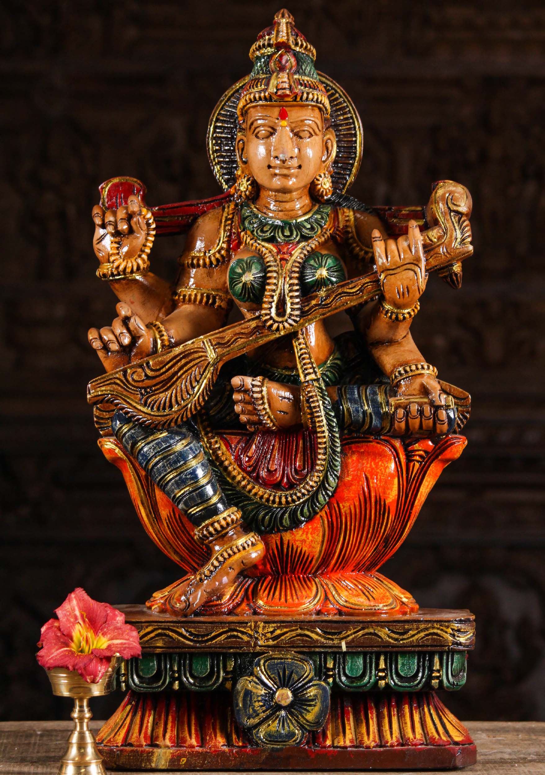 Painted Wood Saraswati Playing the Veena 24"