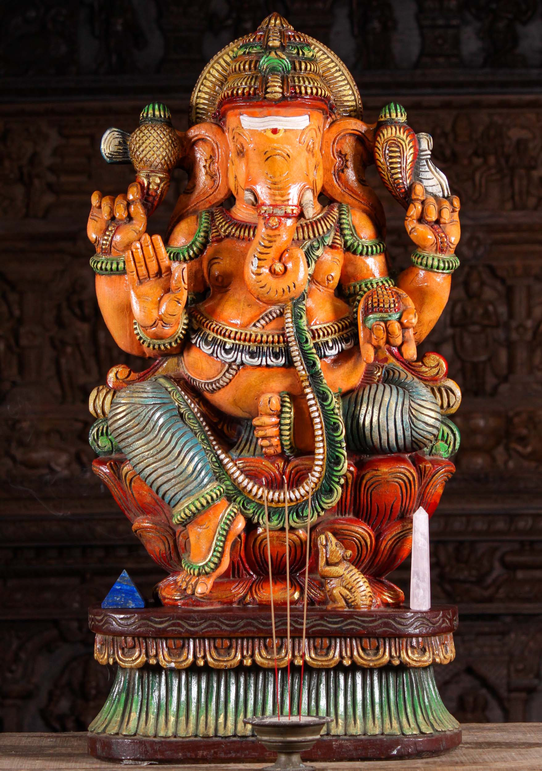 Wood Seated Ganapathi Statue Abhaya Mudra 36"