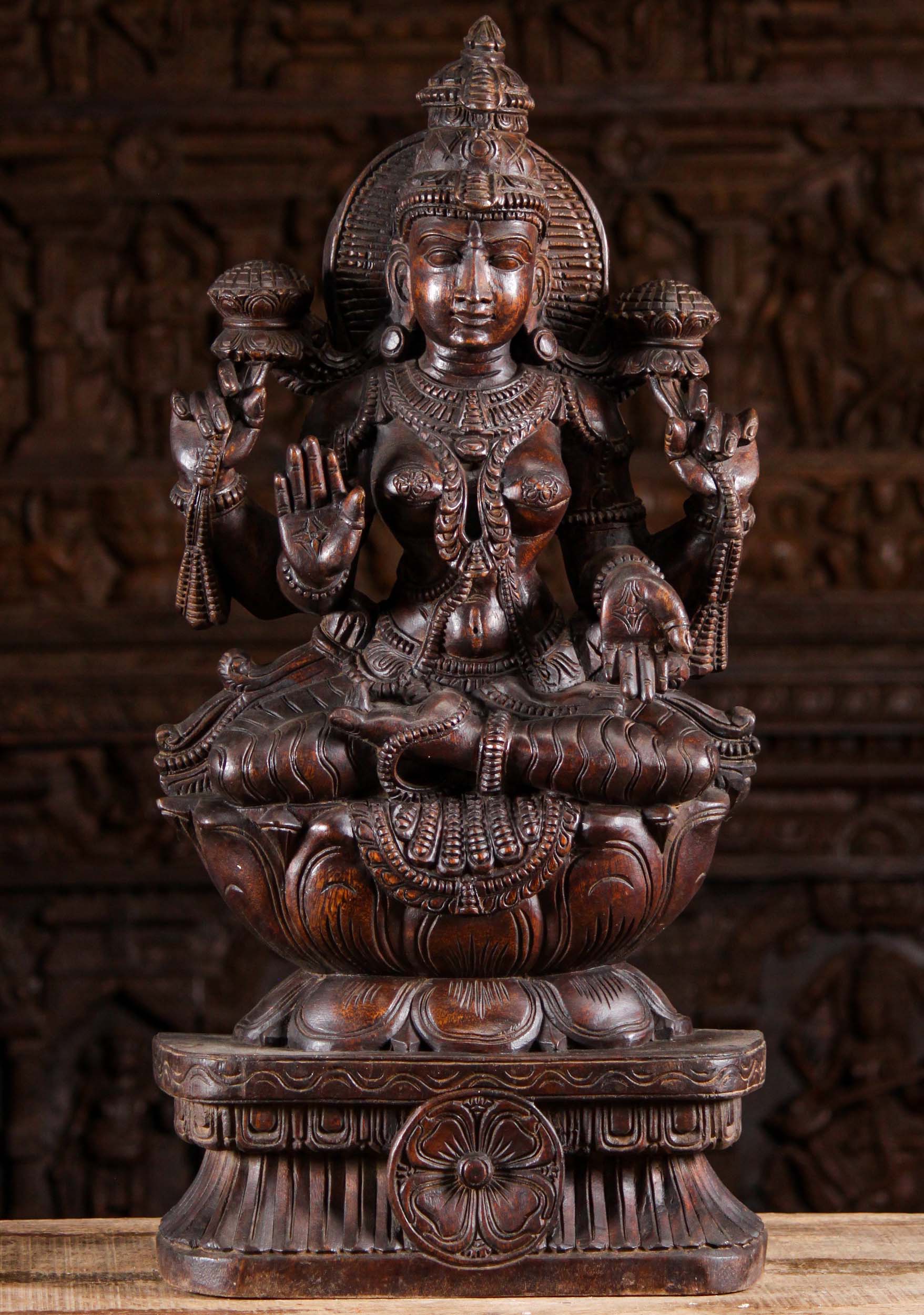 Wood Lakshmi Statue Seated in Padmasana 30"