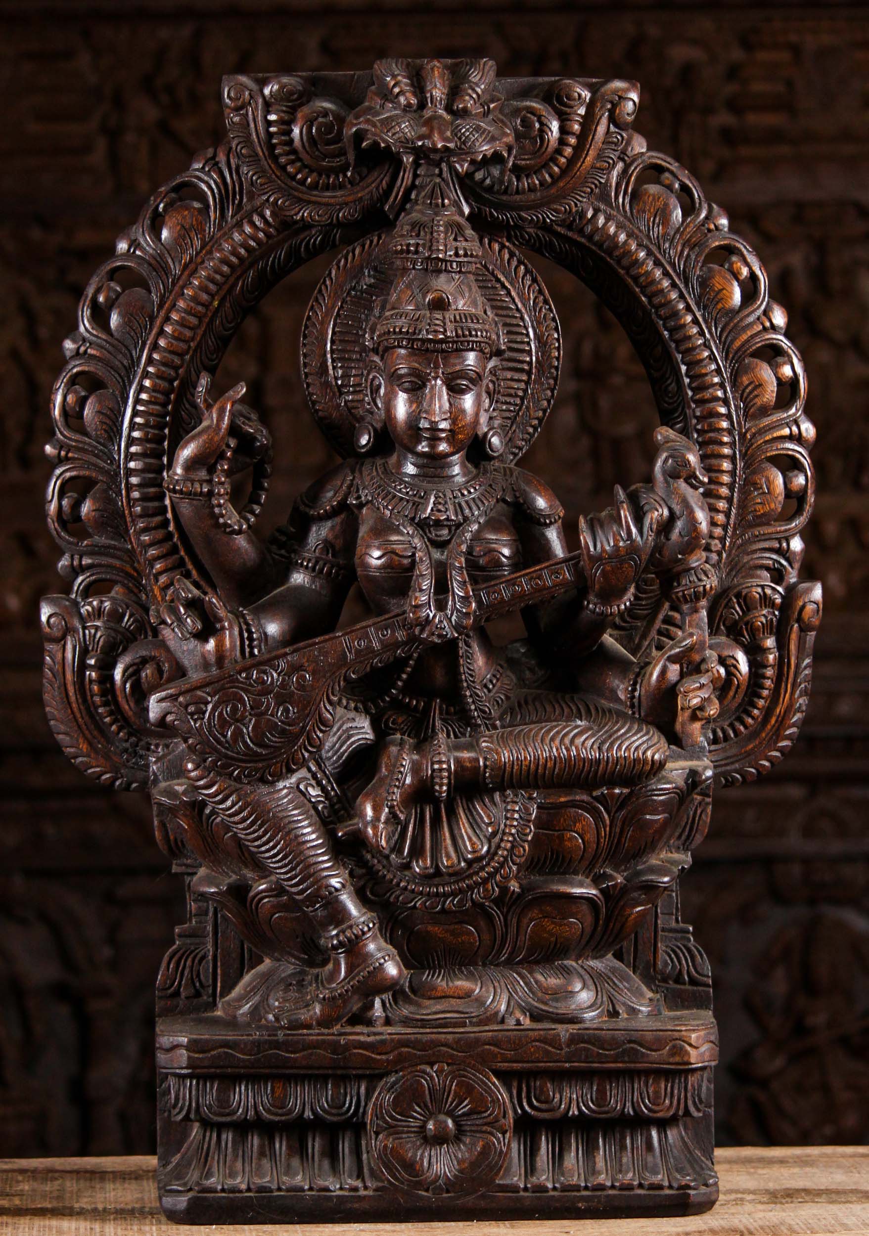 Wood Seated Saraswati Statue under Arch 30"