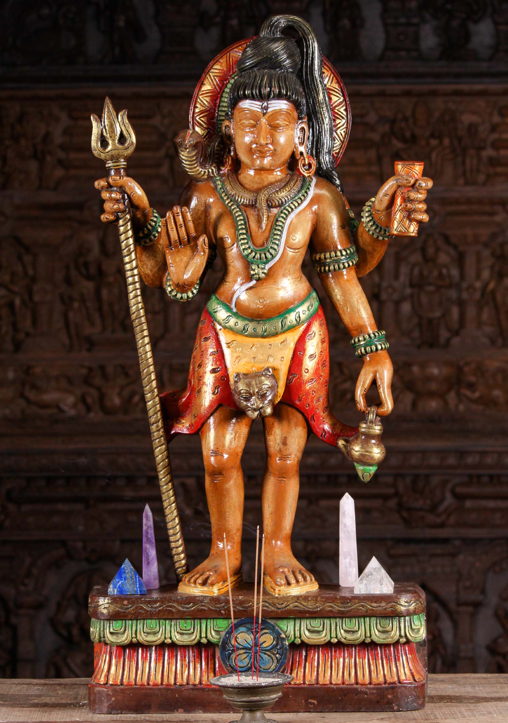 Wood Standing Carving of the Hindu God of Destruction, Shiva Holding a Trident & Drum 36"