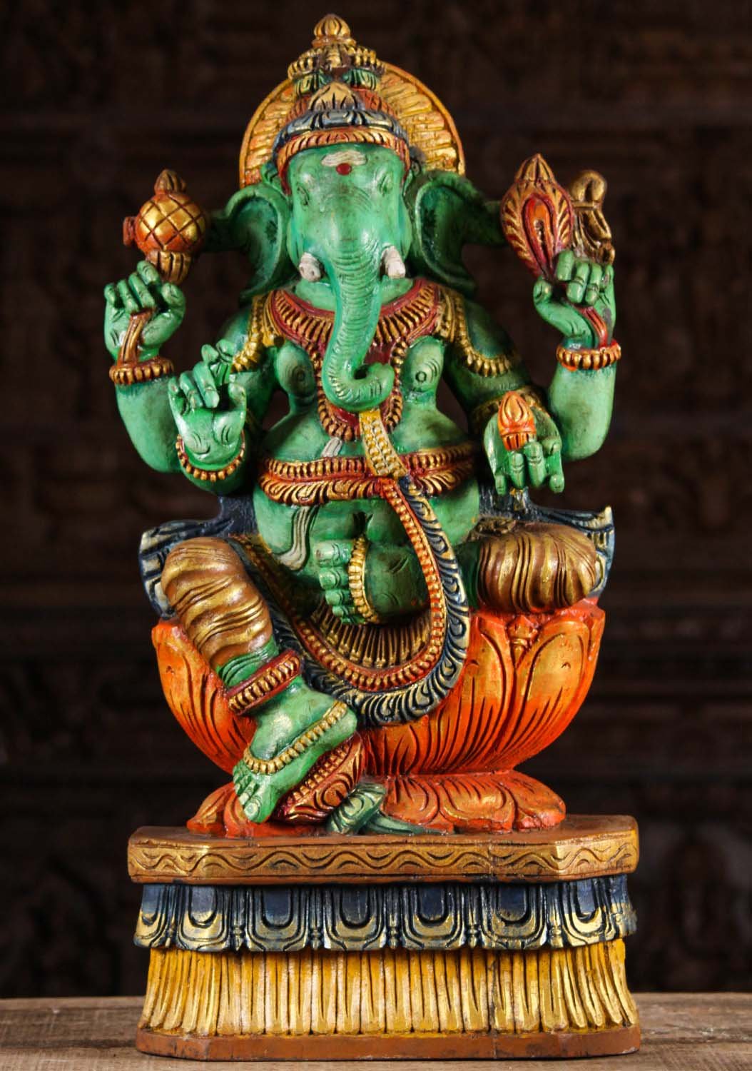 Green Wood Ganesh Statue with Broken Tusk 24"