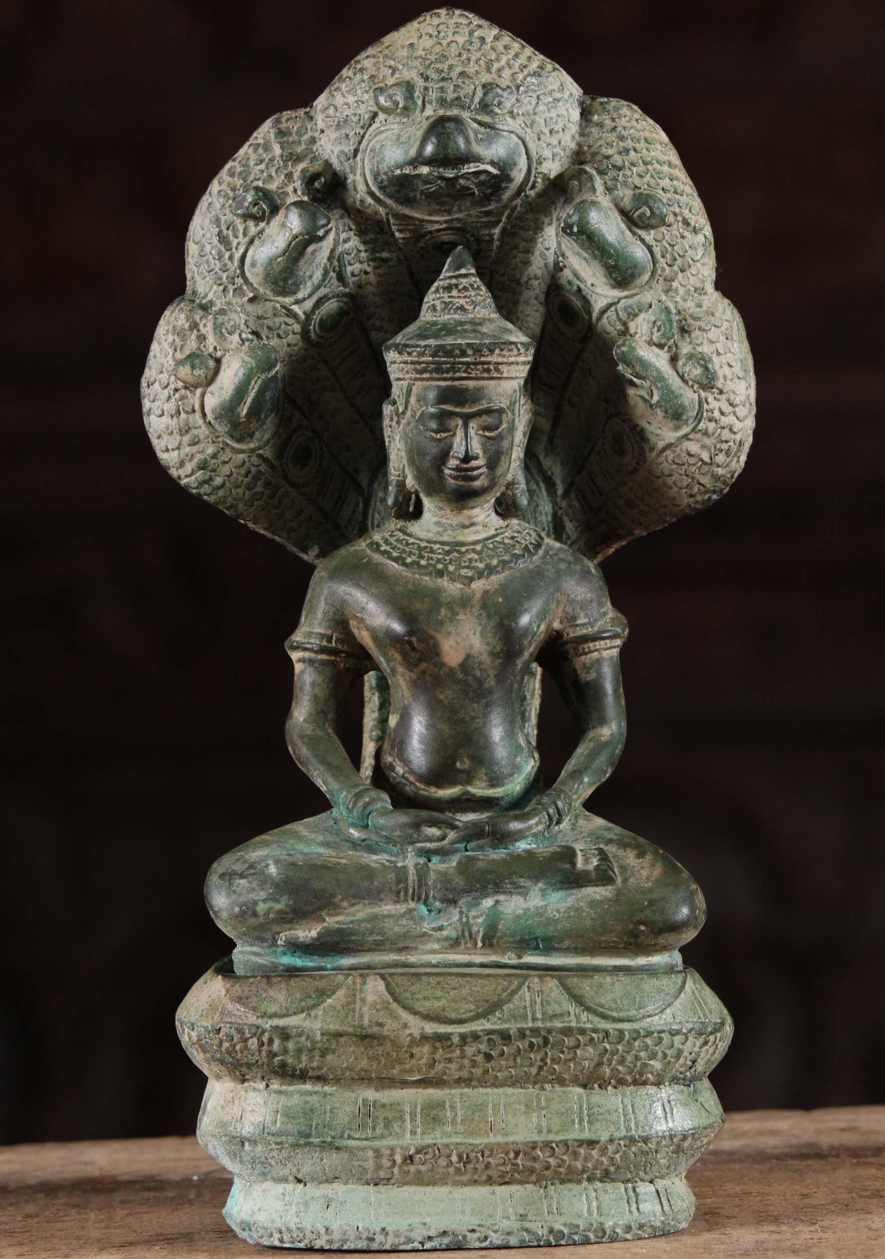 Brass Buddha Meditating Under 5 Headed Serpent Muchalinda Sheltering Him from Storm 11.5"